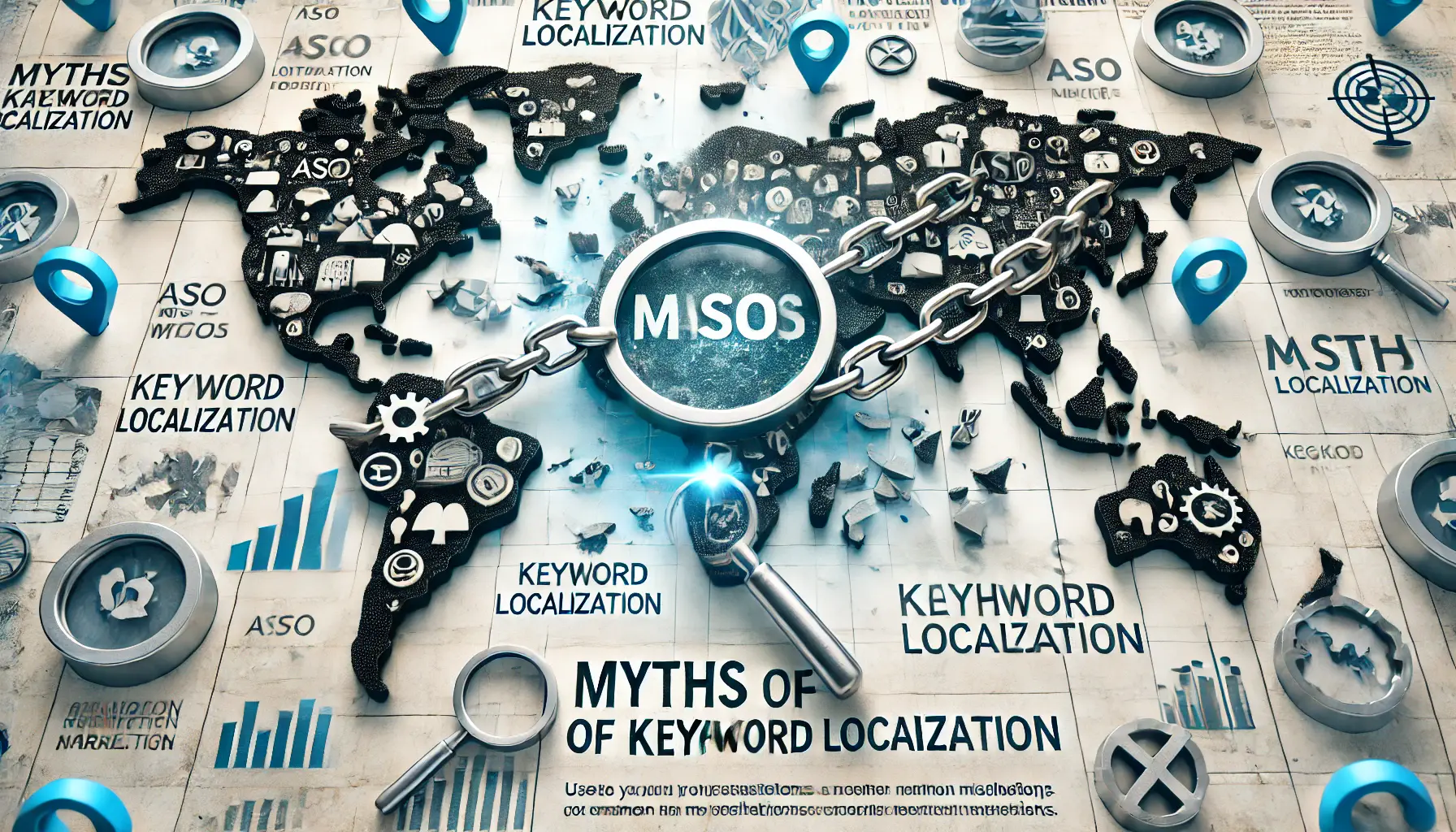 Visual representation of dispelling myths and misconceptions in keyword localization, featuring broken chains and blurred regions on a world map.