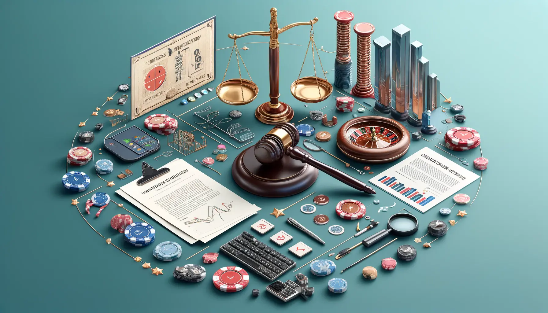 A balanced scene with scales of justice, legal documents, and a gavel, combined with casino elements like poker chips and SEO tools such as graphs and magnifying glasses.