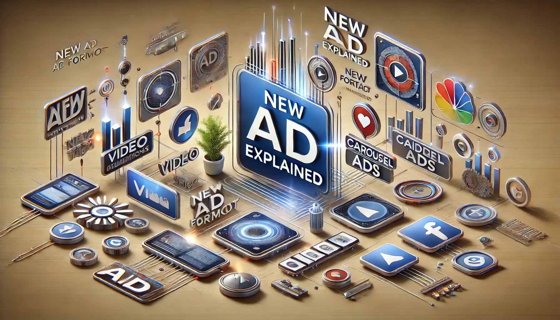 Abstract image representing new ad formats with digital video snippets, carousel ads, and interactive icons