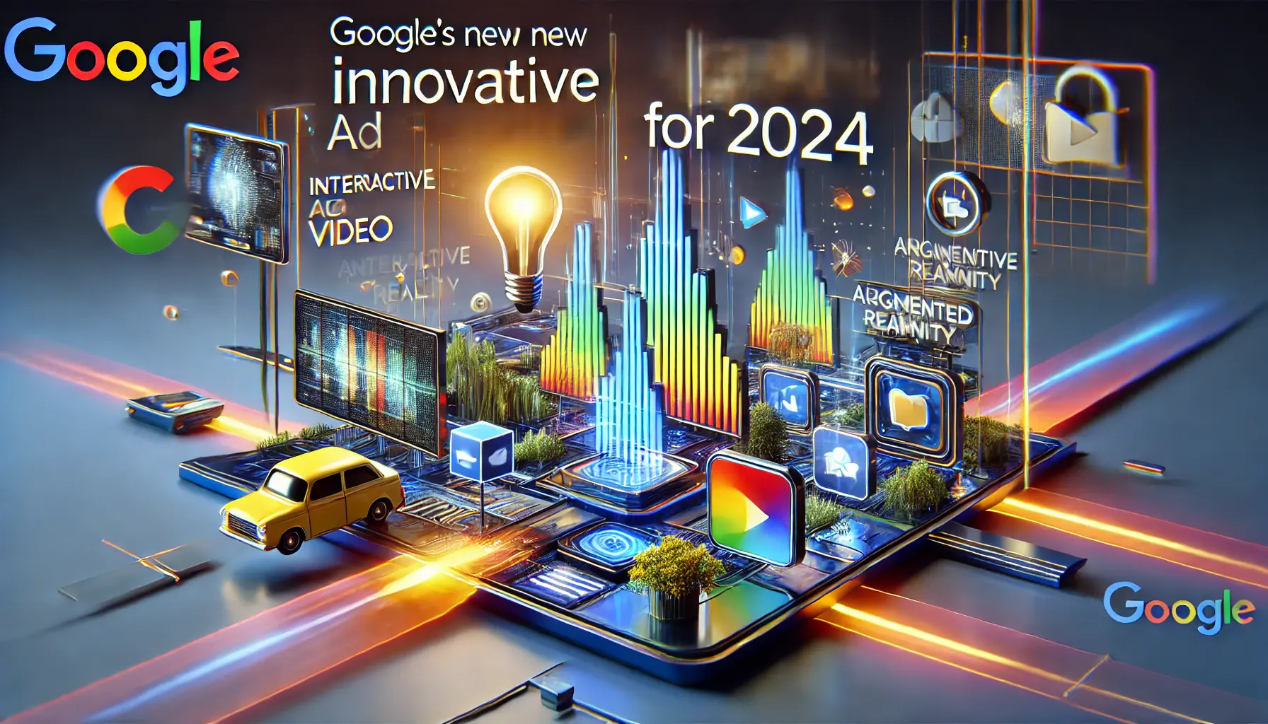 Abstract representation of Google's innovative ad formats for 2024 with dynamic digital marketing concepts like interactive video, augmented reality, and personalized shopping.