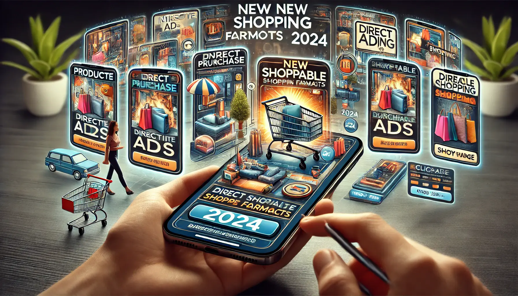 Abstract depiction of new shopping ad formats, featuring interactive shopping ads on digital devices with direct purchase options and real-time product availability.