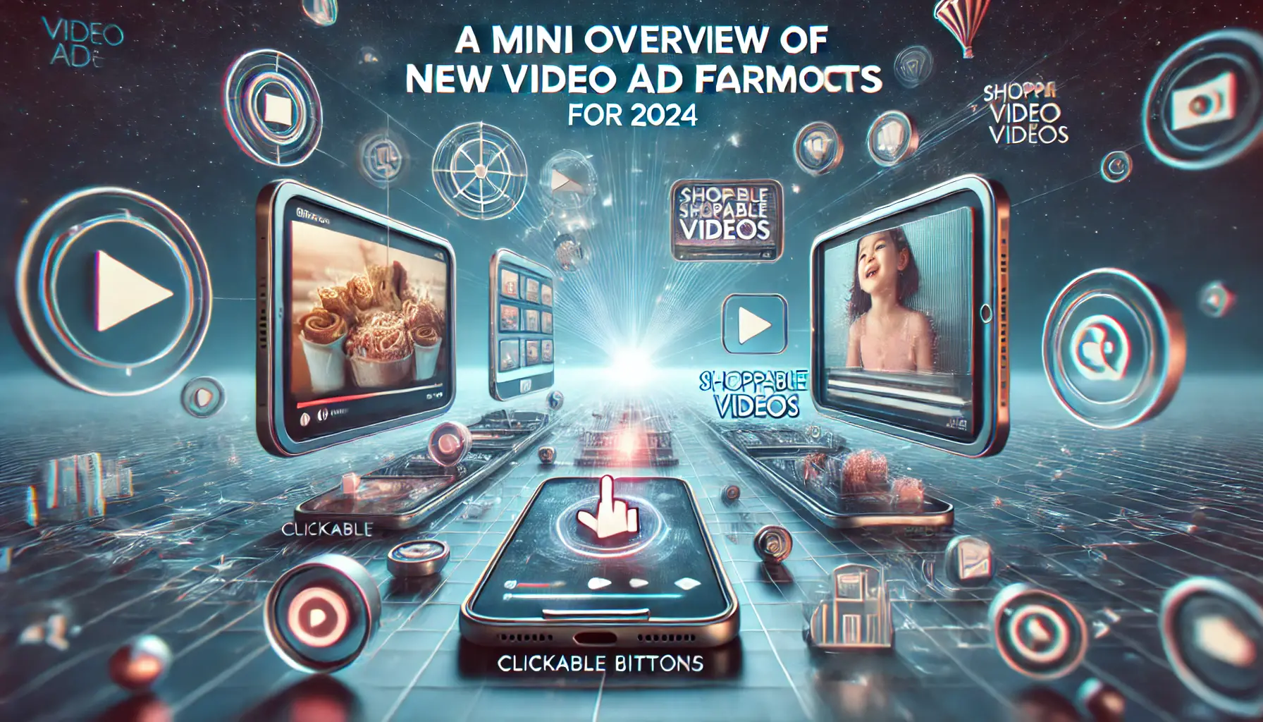 Abstract depiction of new video ad formats for 2024, featuring interactive elements like clickable buttons, shoppable videos, and immersive video experiences on digital devices.