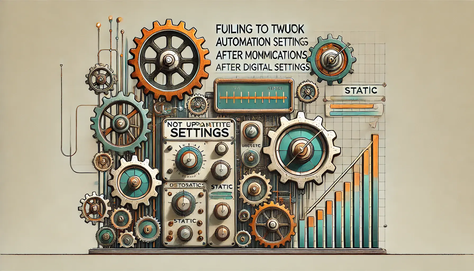 Digital illustration showing an automated system with rusty gears and misaligned components, symbolizing the inefficiency caused by outdated automation settings.