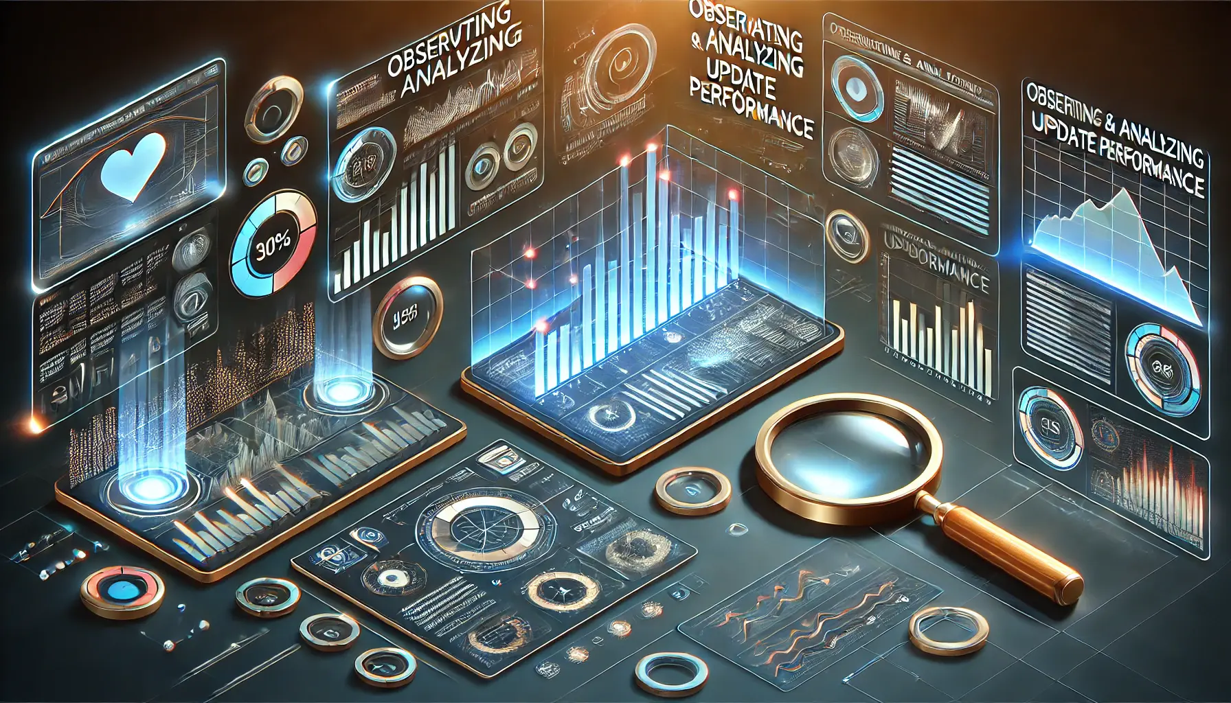 Illustration of monitoring and analyzing app update performance with a digital dashboard, graphs, and magnifying glasses