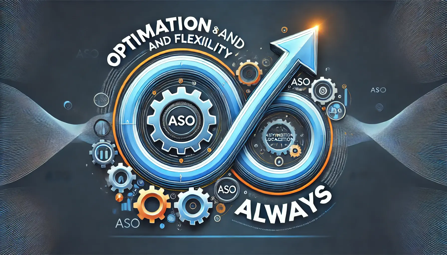 Rotating arrow symbolizing continuous improvement, gears indicating optimization, and a flexible line representing adaptability in ASO strategies.