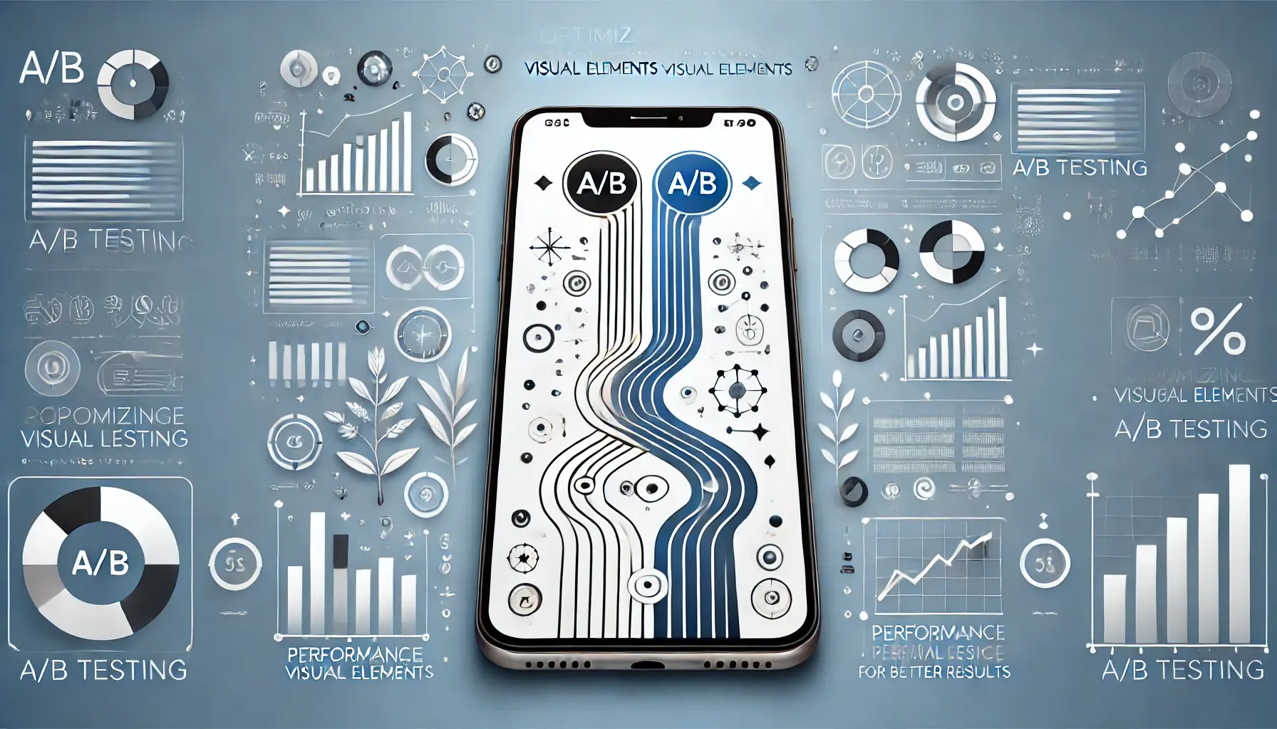 An image of a smartphone displaying two split screens or paths leading to different design options, surrounded by charts and graphs, symbolizing A/B testing and performance analysis.