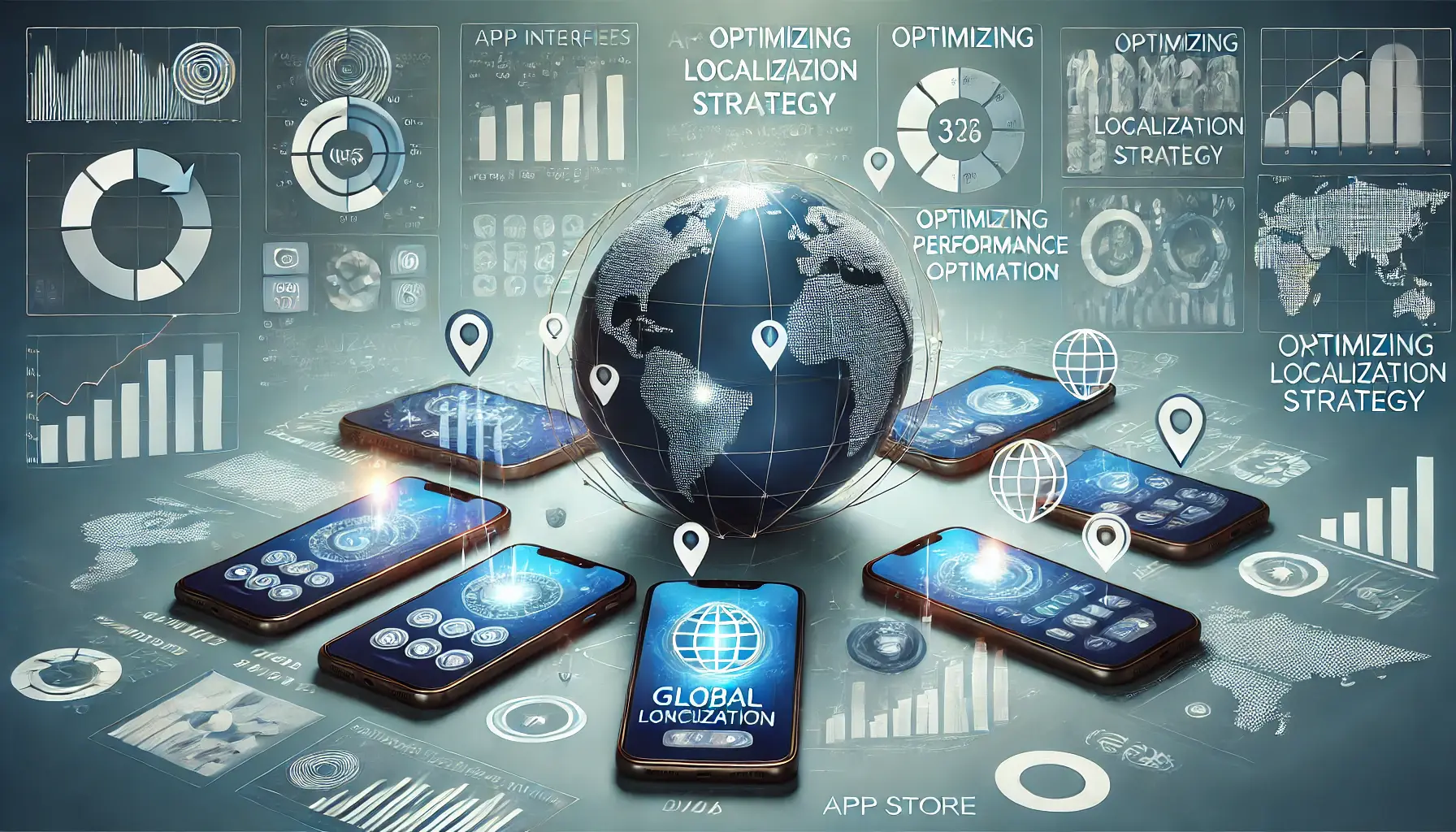 Mobile devices displaying localized app interfaces for different regions, surrounded by charts and graphs representing performance optimization, with the devices connected to a globe.