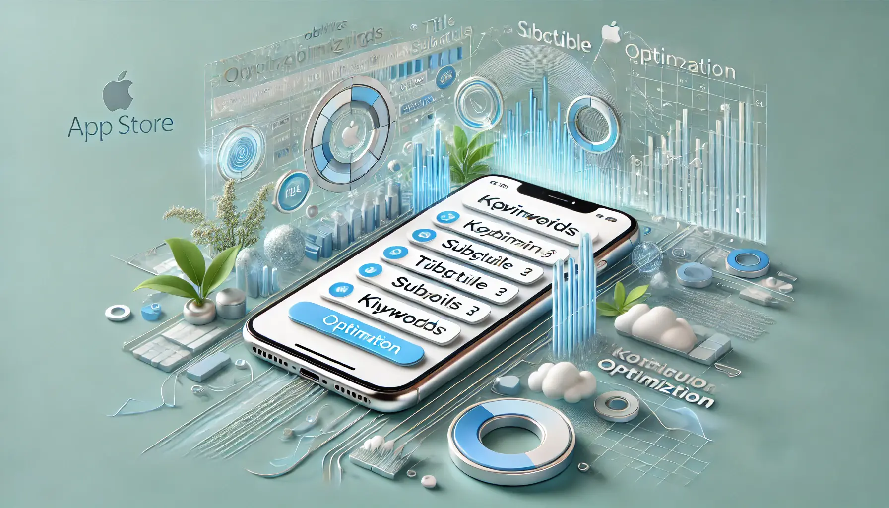 Abstract representation of optimizing keywords for the Apple App Store, featuring an iPhone with keyword placement emphasized and data streams surrounding it