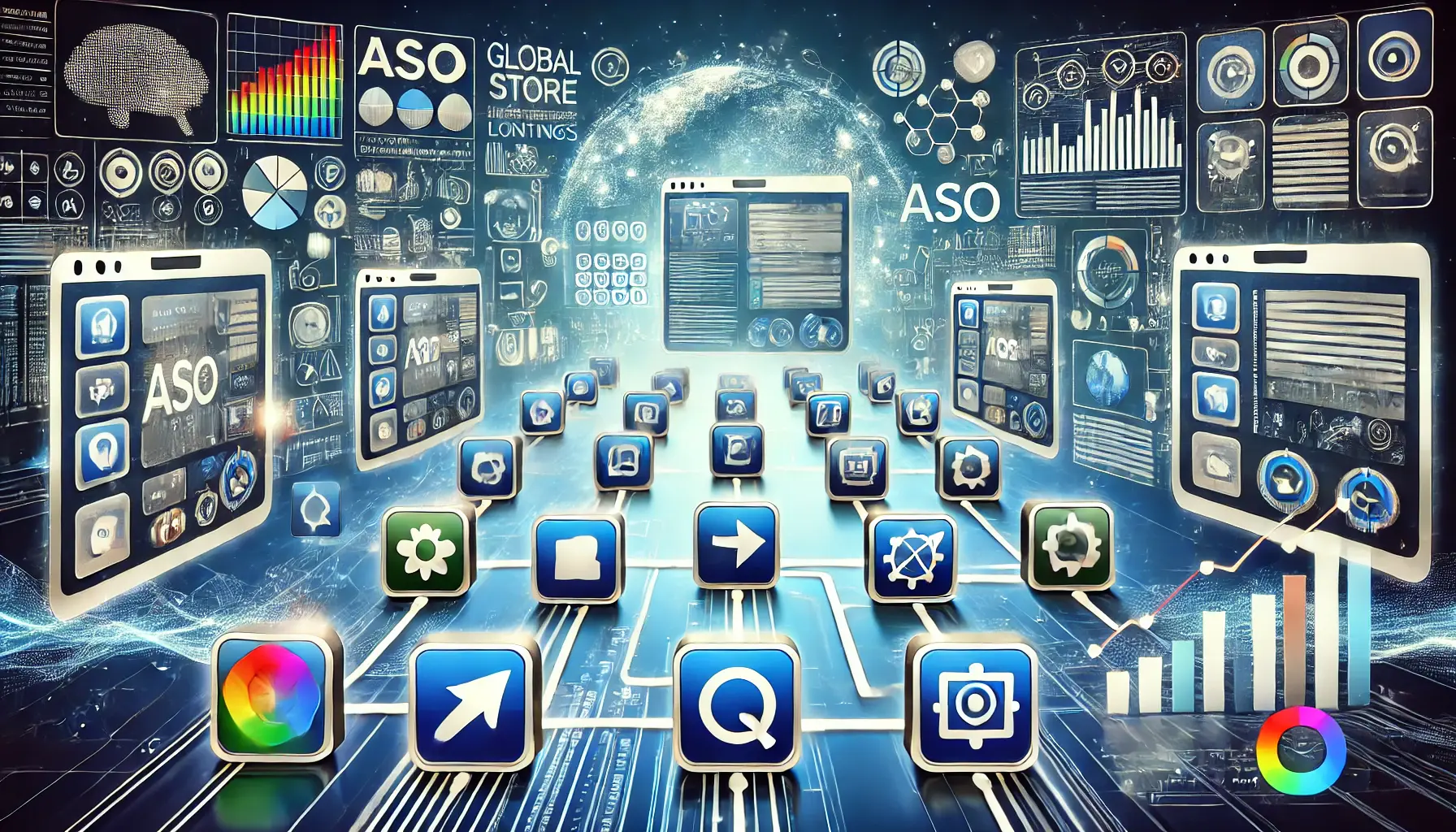 Image depicting multiple digital app store interfaces connected by arrows, symbolizing the process of optimizing ASO across different listings.