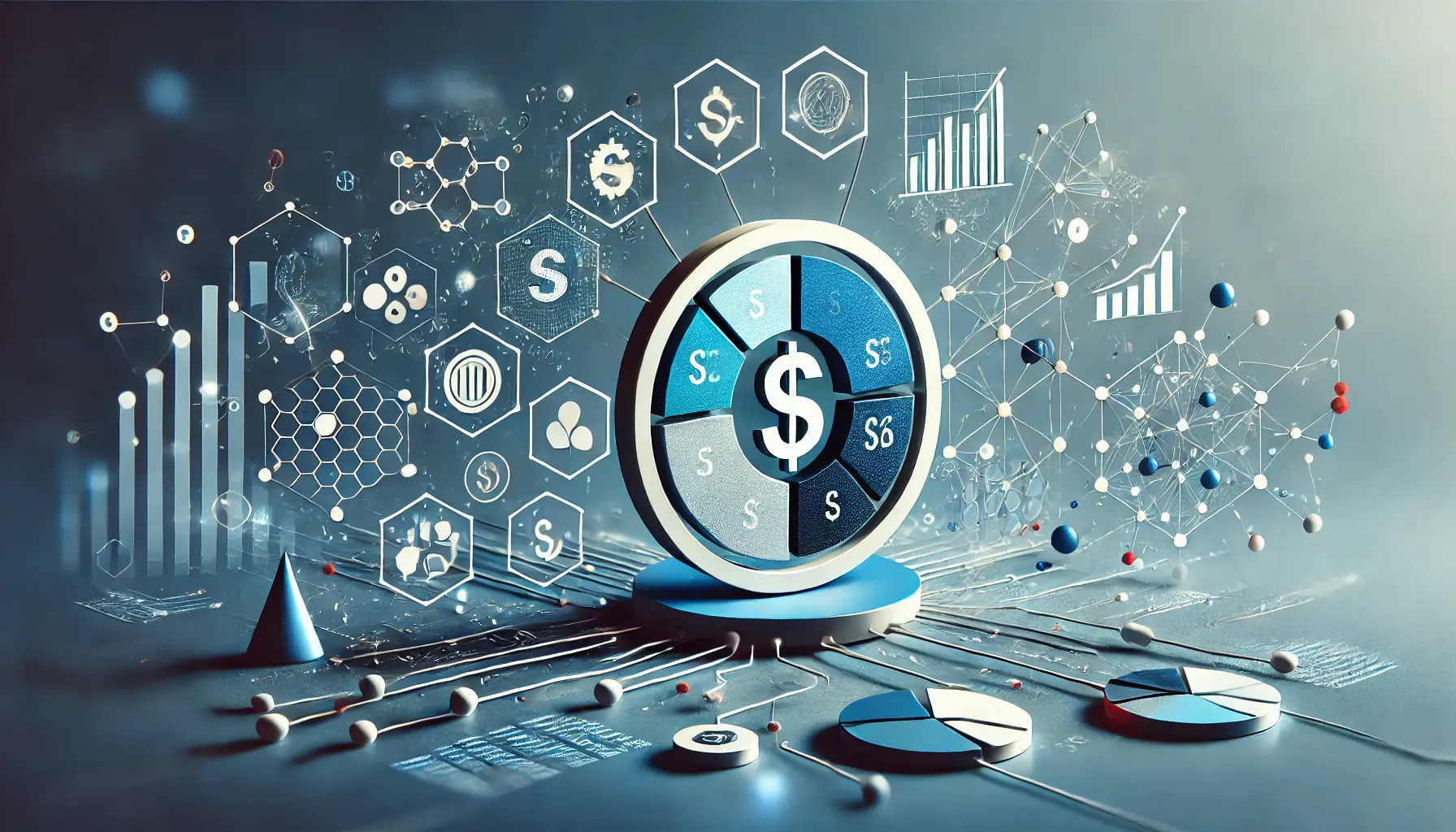 Abstract image representing budget optimization with currency symbols, pie charts, and interconnected nodes