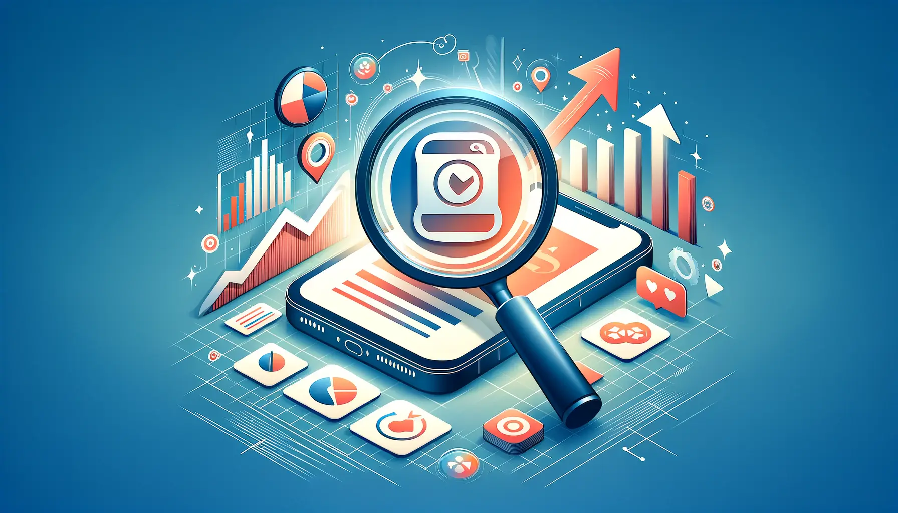 An image illustrating the concept of app store SEO optimization, with a magnifying glass focusing on an app icon, surrounded by elements like charts and upward arrows.