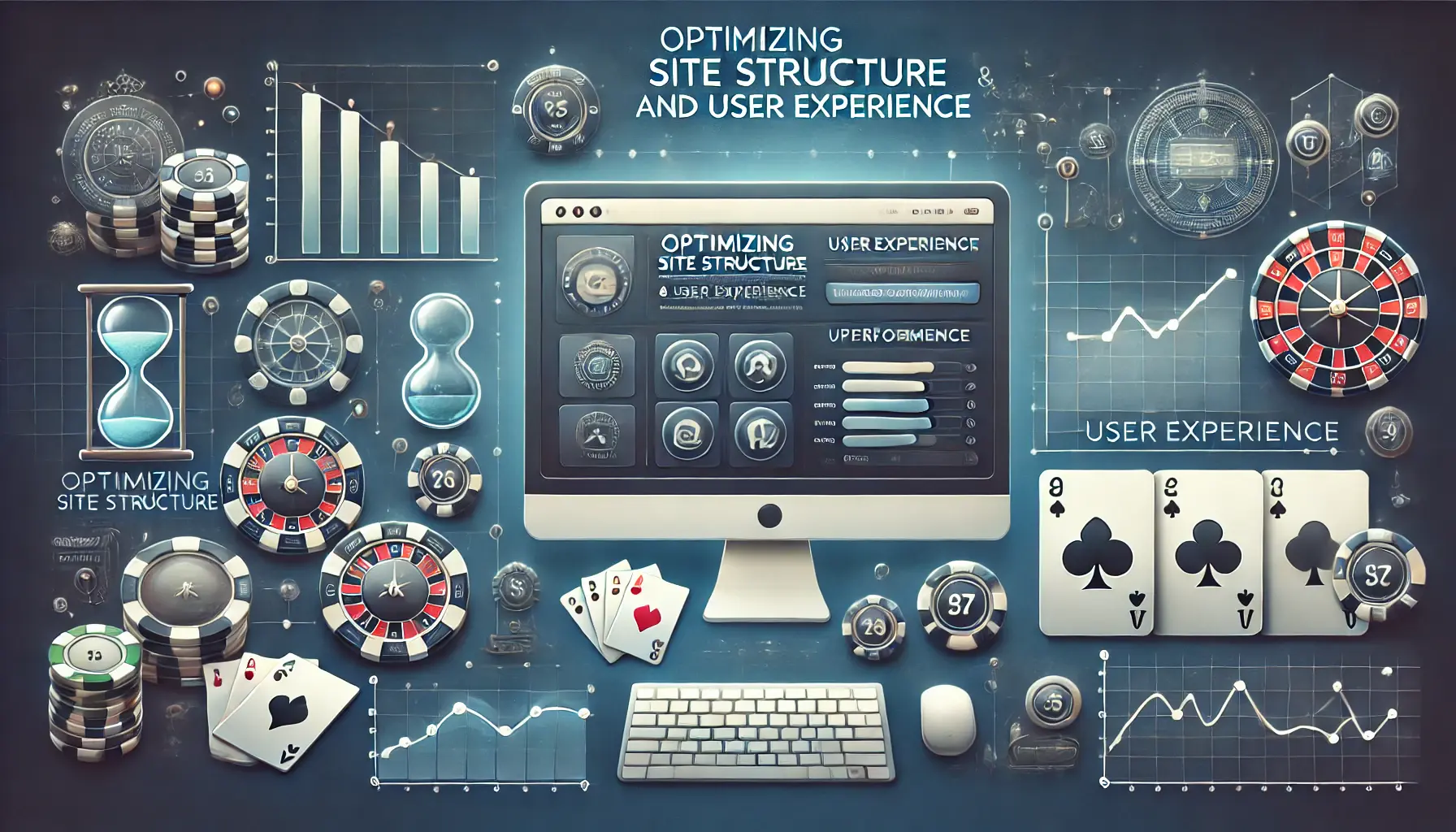 An image showing a well-organized website layout on a computer screen with user experience icons and performance graphs, combined with subtle casino elements like poker chips and roulette.