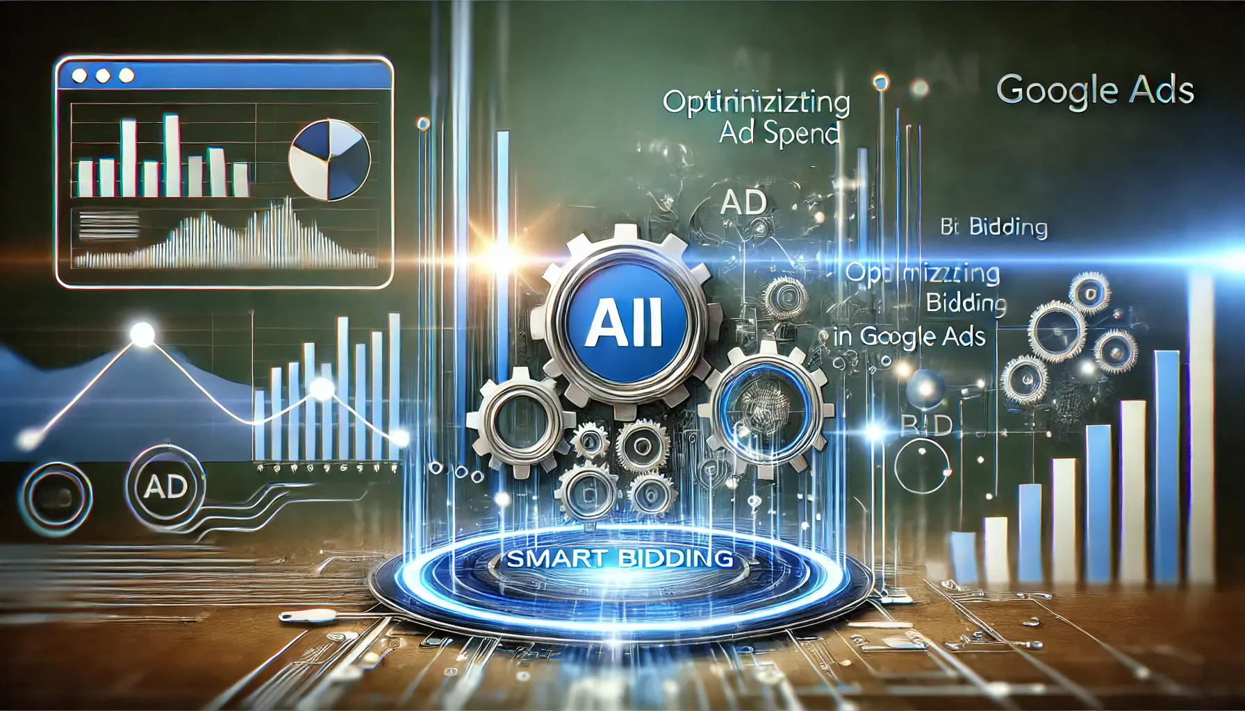 Digital illustration showcasing AI-powered tools optimizing ad spend with smart bidding, featuring real-time data streams, gears, and bid adjustments.