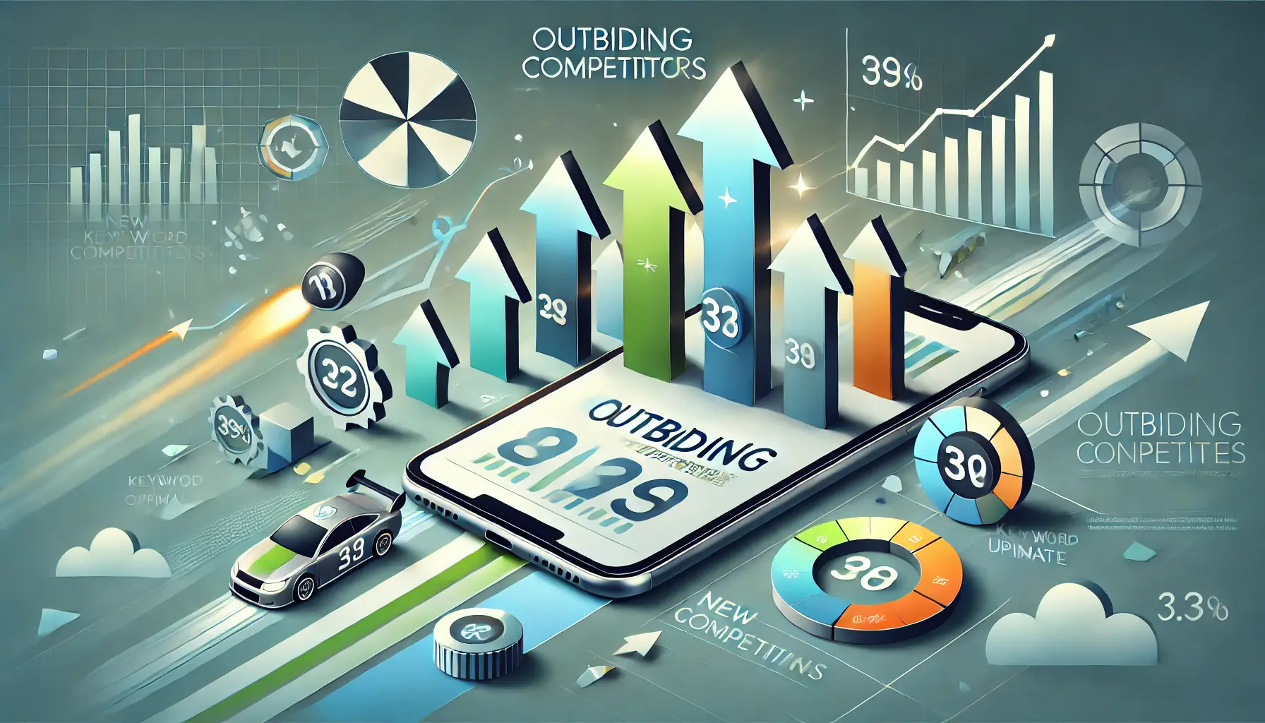 Abstract representation of outbidding competitors with a new keyword update, featuring a mobile device with upward arrows and performance charts