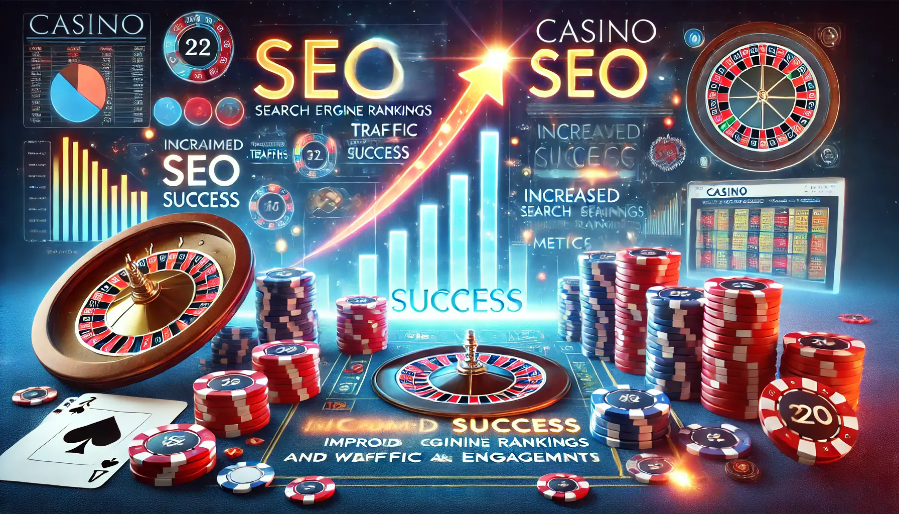 A casino website interface showing rising SEO success indicators like graphs, traffic data, and search rankings with casino-themed elements.