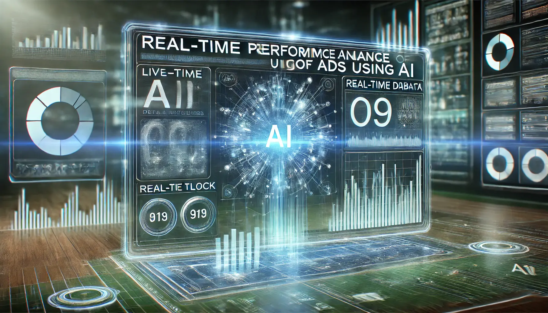 A futuristic digital dashboard showing live metrics and AI-driven insights for real-time ad performance analysis, symbolizing immediate feedback and optimization.