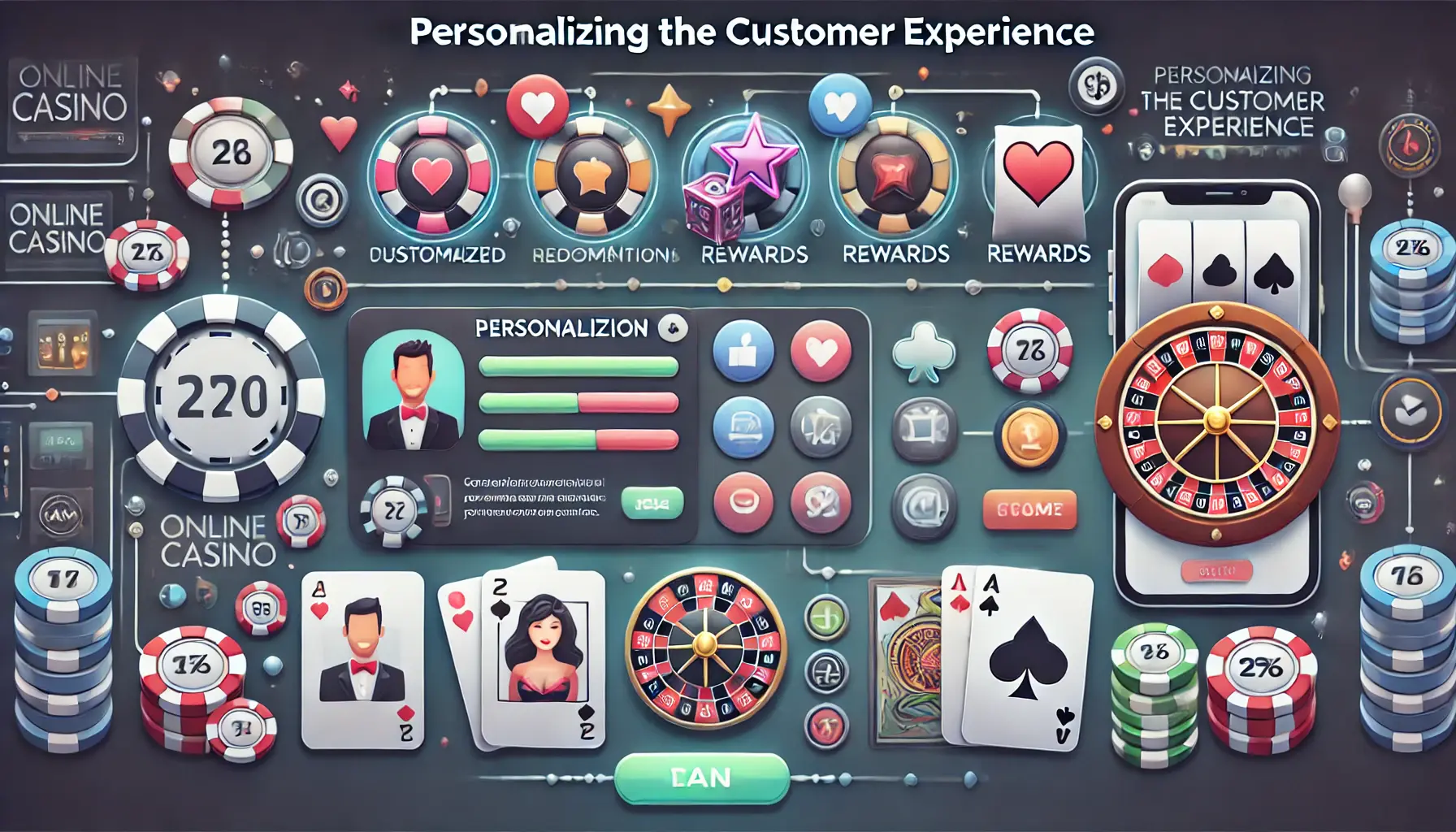 A scene with a personalized dashboard or mobile interface showing user-specific recommendations, rewards, and game preferences, combined with casino visuals like poker chips and roulette.