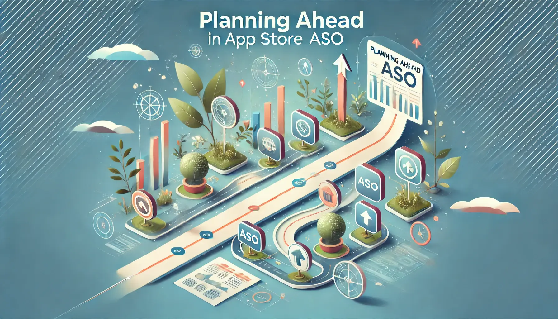 Illustration of strategic planning in ASO with a roadmap, app icons along the path, and symbols of future growth