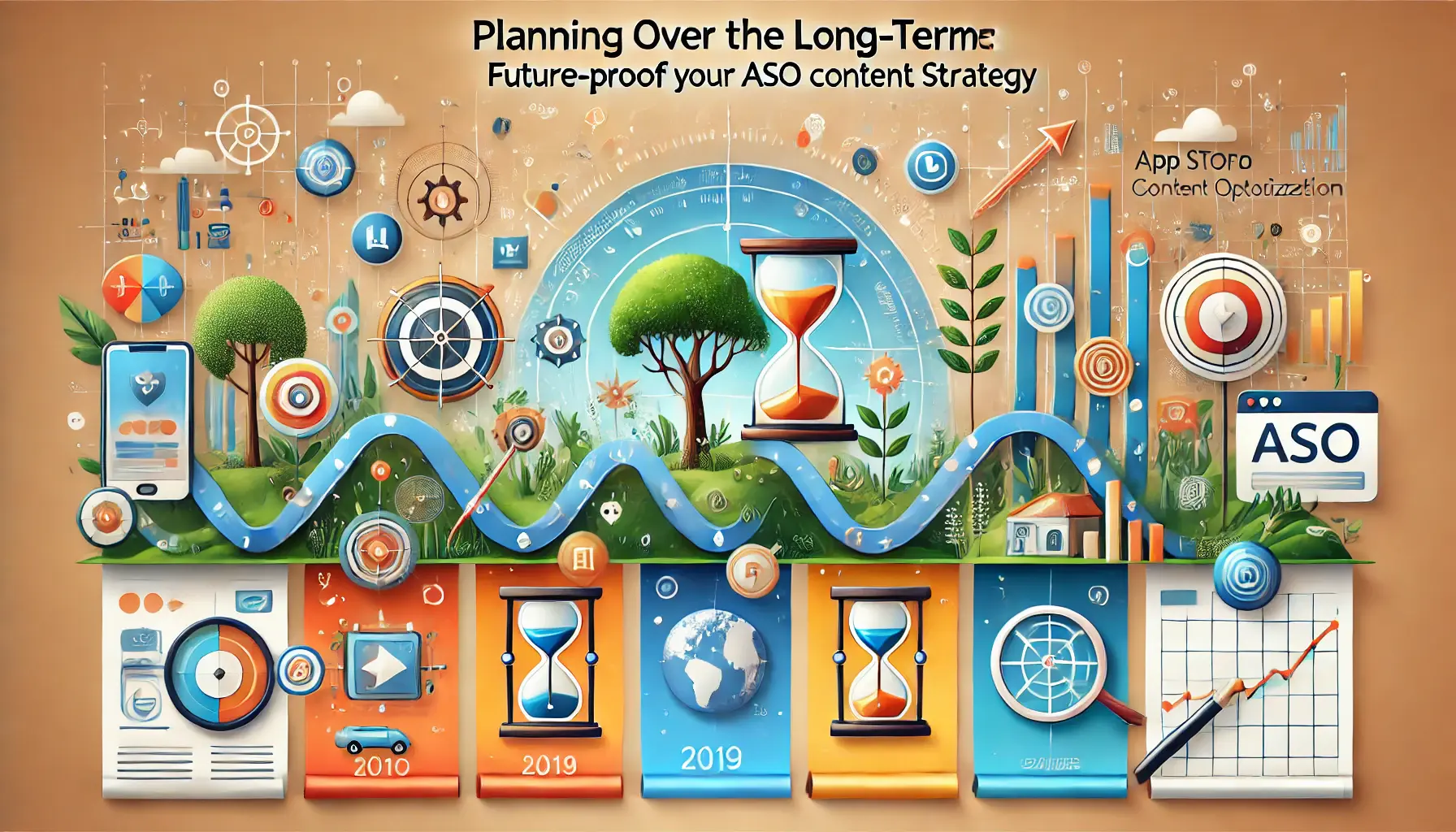 Illustration of long-term planning and future-proofing in ASO with a strategic timeline, evolving app icons, and growth symbols