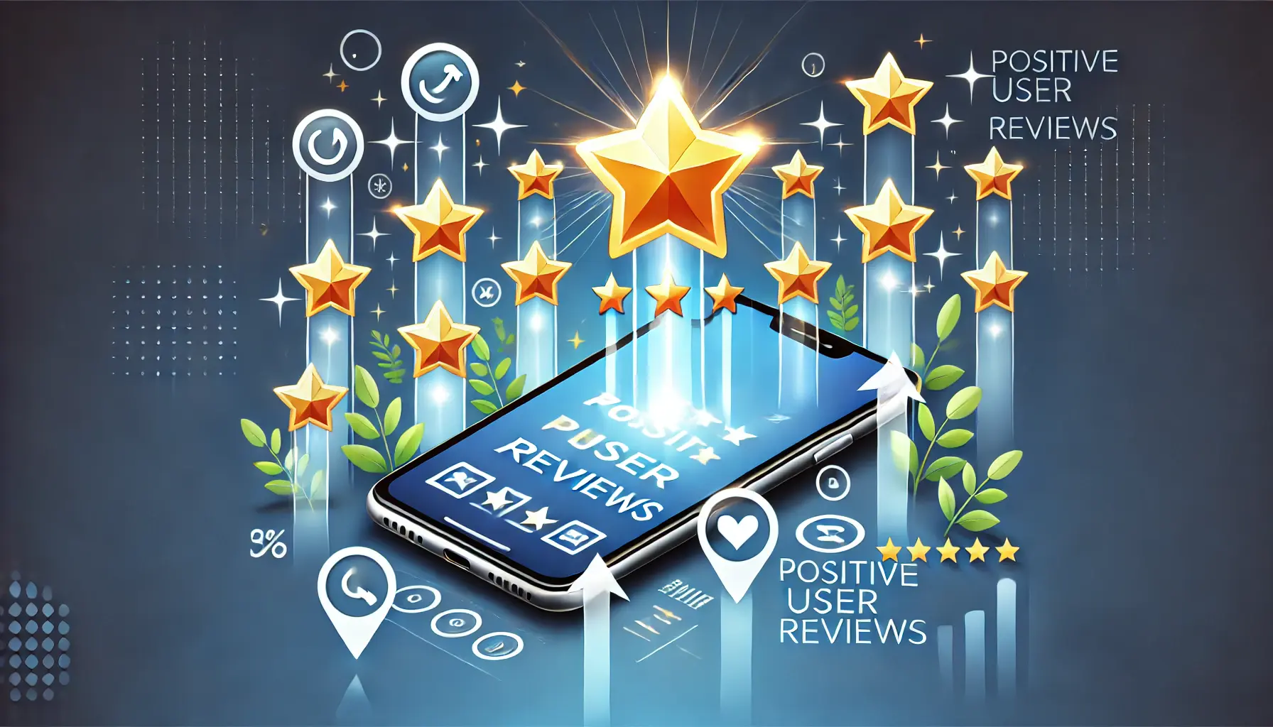 An image of a smartphone surrounded by glowing star ratings and positive feedback icons, symbolizing the key role of positive user reviews in app success.