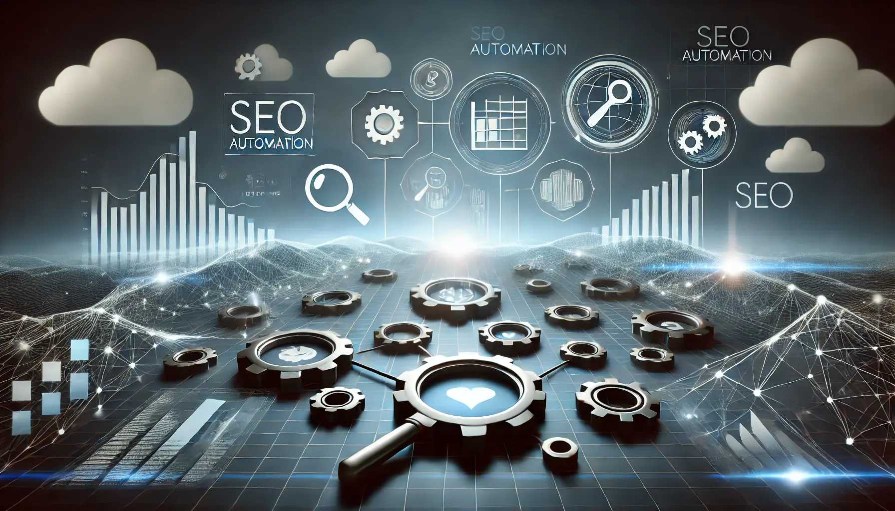 A futuristic digital landscape representing SEO automation with icons like gears, magnifying glasses, and charts integrated into a web-like structure.