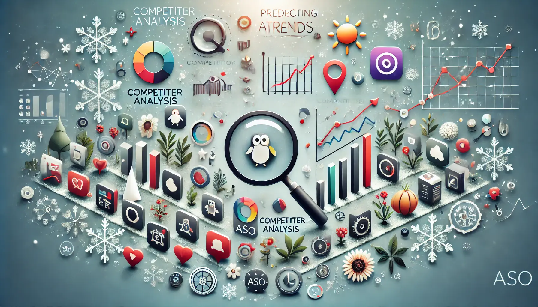 A comparison between different app icons or app store listings, with graphs and charts highlighting differences, set against a background with seasonal indicators like snowflakes, leaves, flowers, and sun.