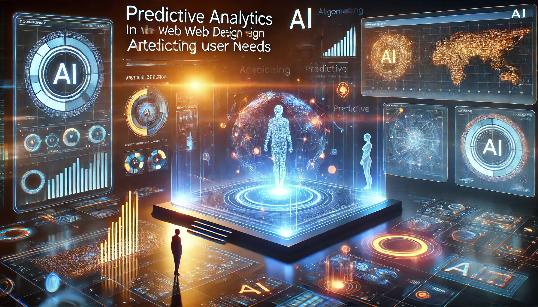 A futuristic scene showing AI using predictive analytics to anticipate user needs, with a digital dashboard analyzing patterns and forecasting trends.