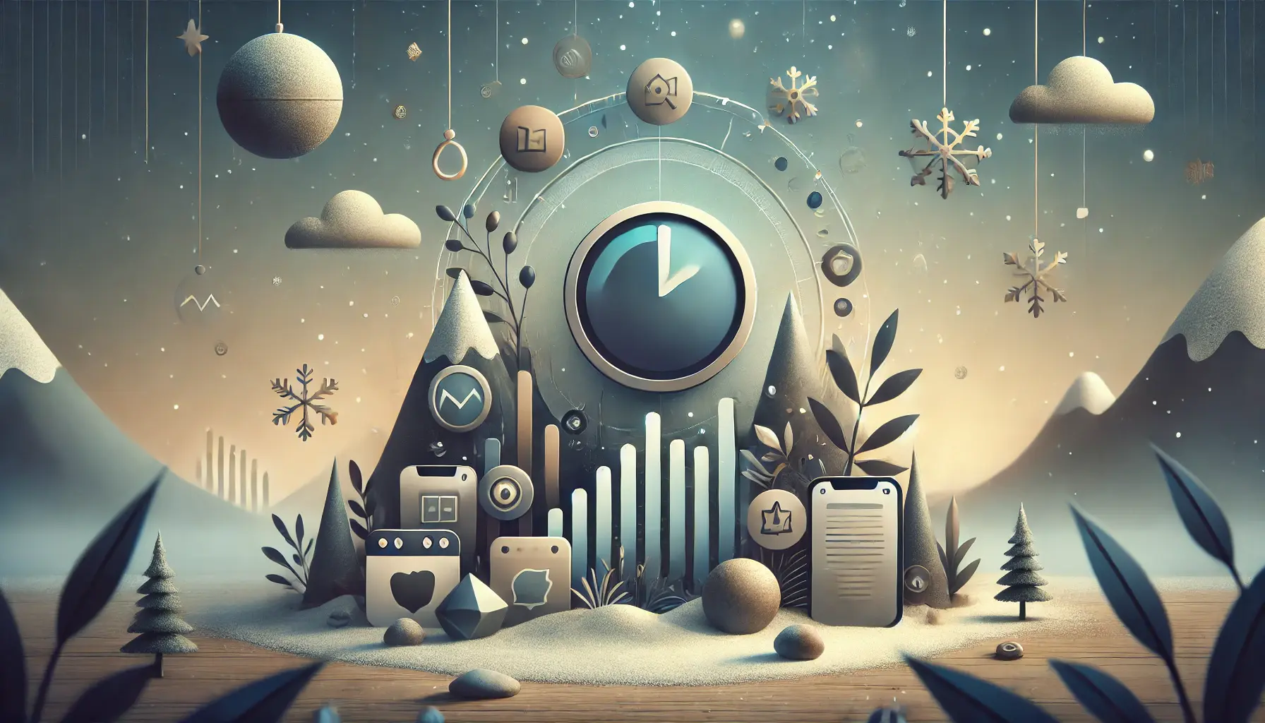 A calm app store environment with subdued app icons and a dimmed graph, set against a background with soft colors and subtle symbols like falling leaves or gentle snowfall, reflecting lower activity.