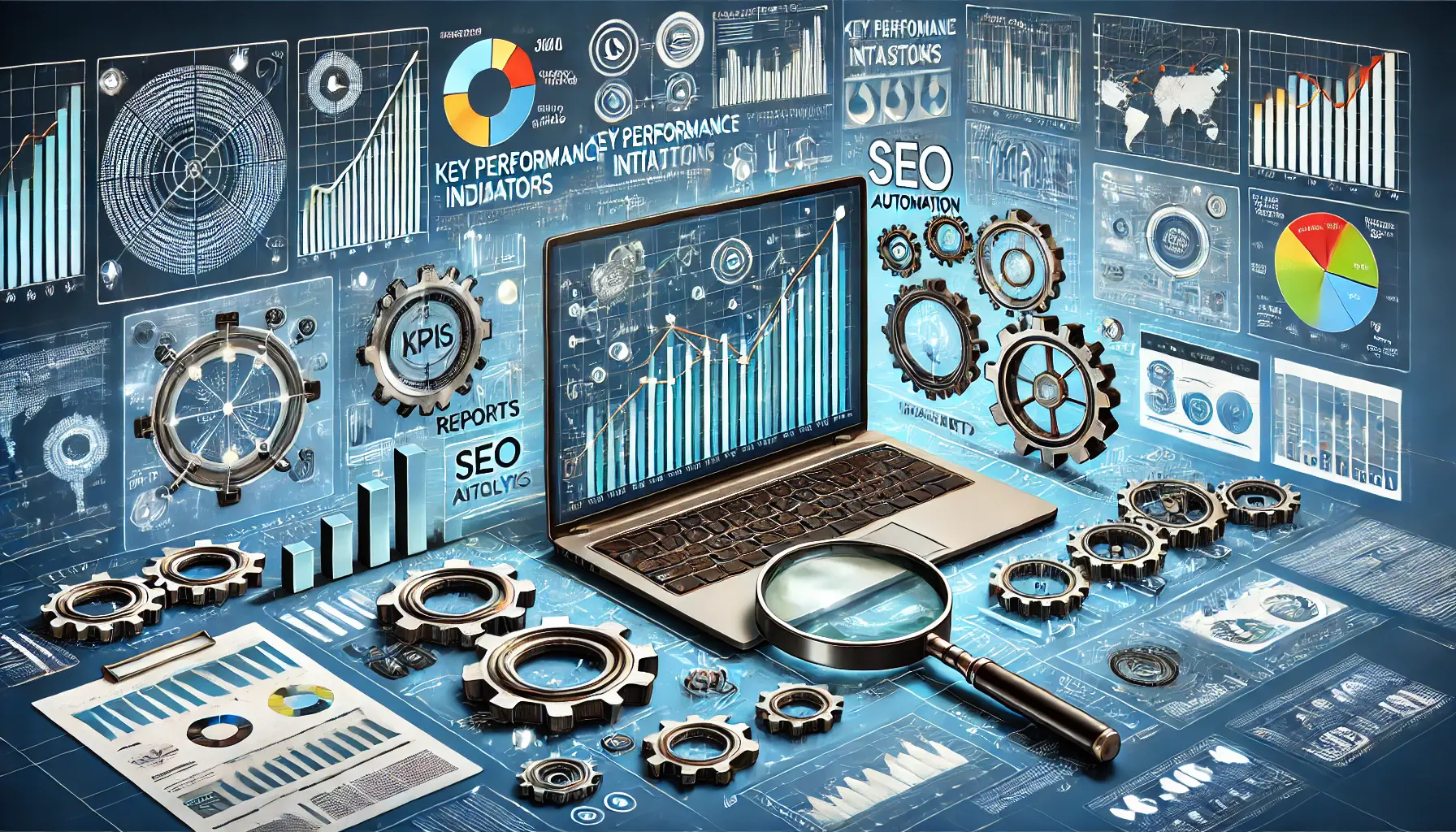 An image showing graphs, charts, gears, and dashboards symbolizing the measurement and evaluation of SEO automation success and KPIs.