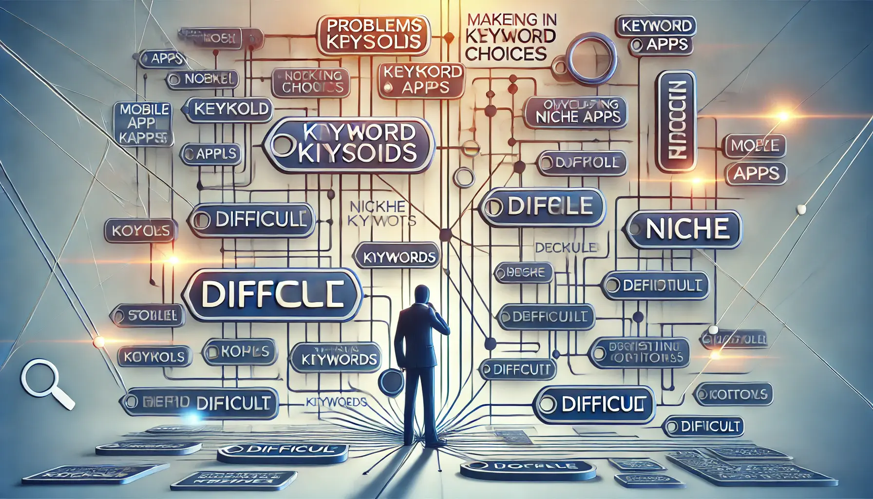 An image illustrating the complexity of making keyword choices for niche apps, featuring a tangled web of keywords or a figure navigating through difficult keyword options.