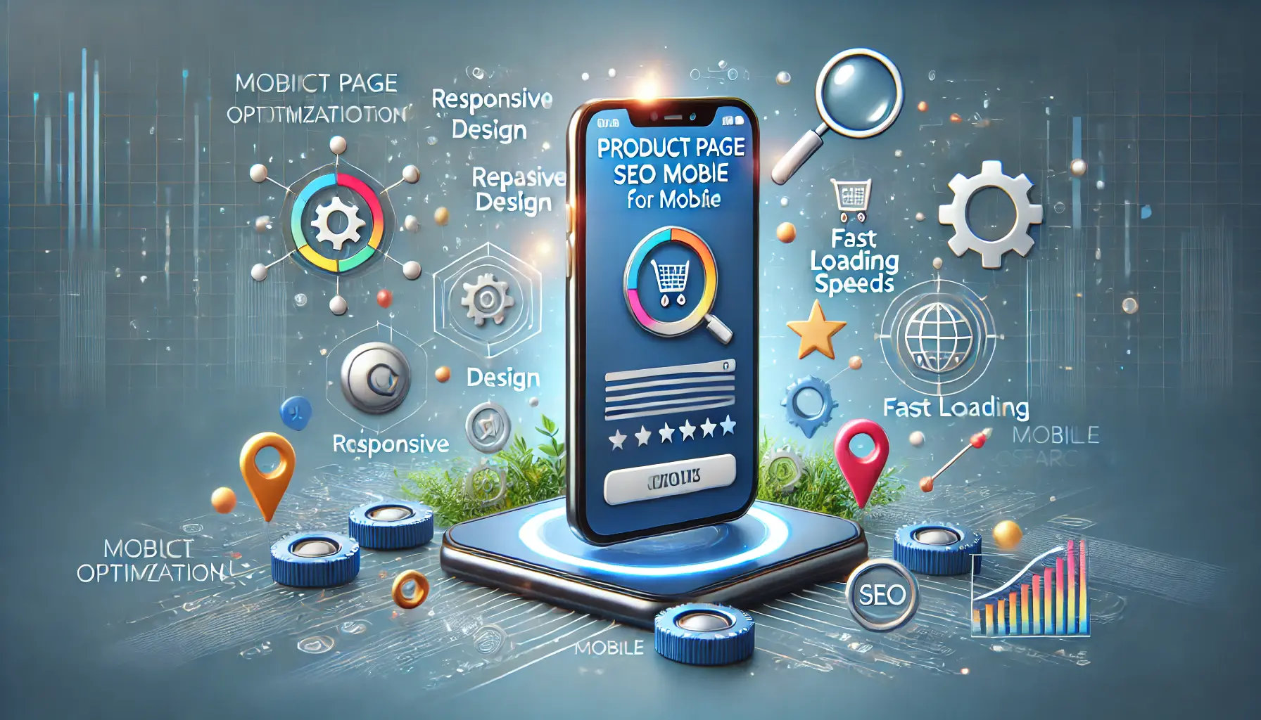 A smartphone displaying a product page, surrounded by icons representing mobile optimization such as responsive design, fast loading speeds, and touch-friendly buttons.