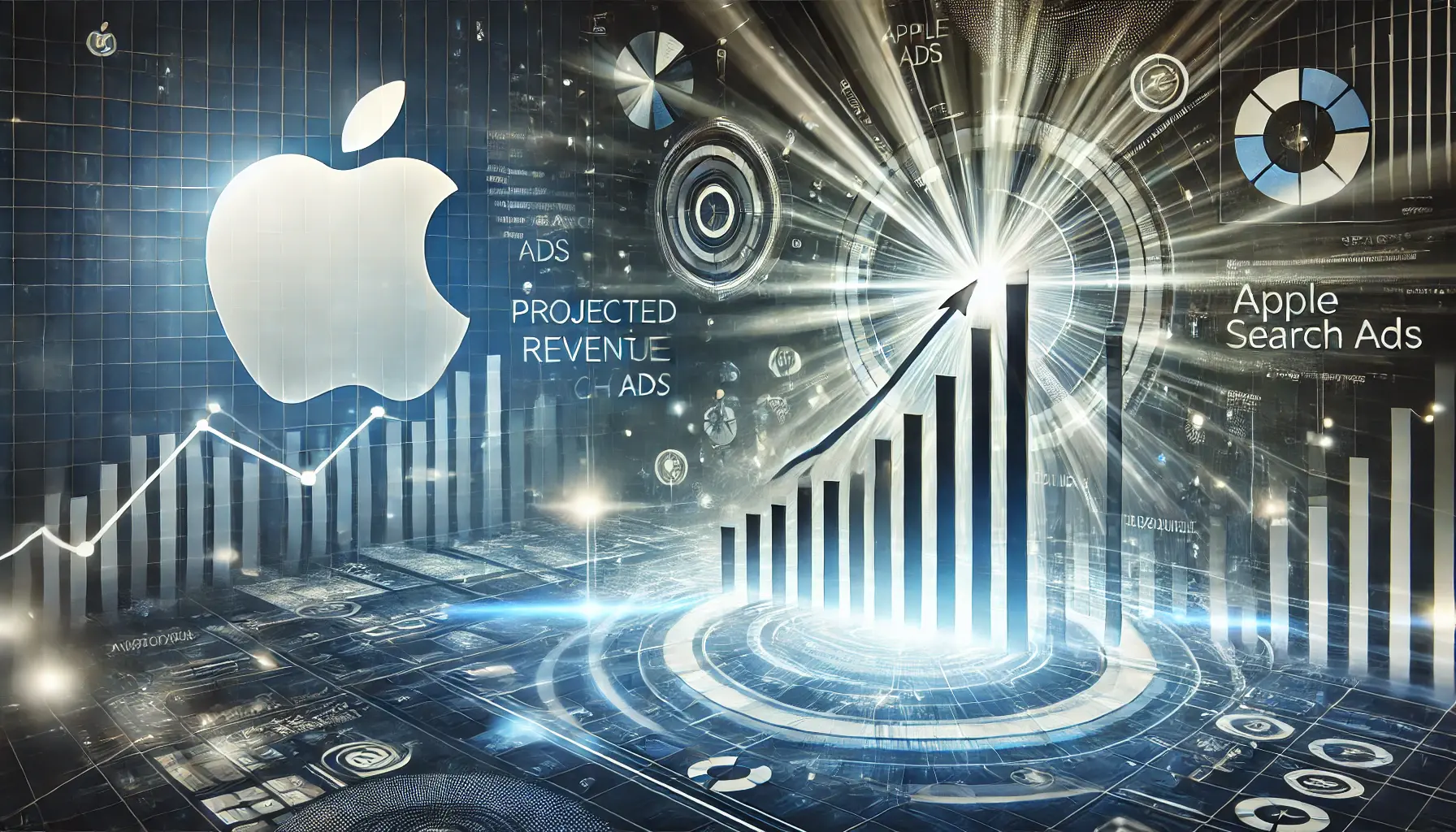 Futuristic digital scene illustrating projected revenue growth for Apple Search Ads with rising financial symbols and light beams indicating growth.