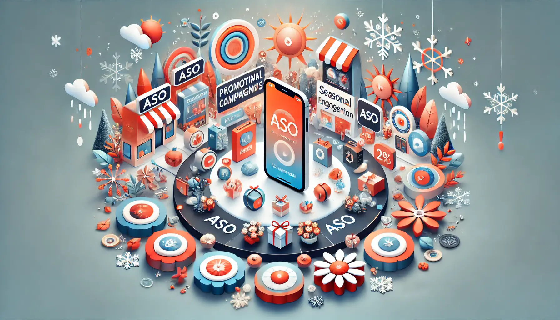 A festive app store environment with app icons and banners showcasing limited-time offers and seasonal promotions, set against a background with symbols of snowflakes, flowers, sun, and autumn leaves.