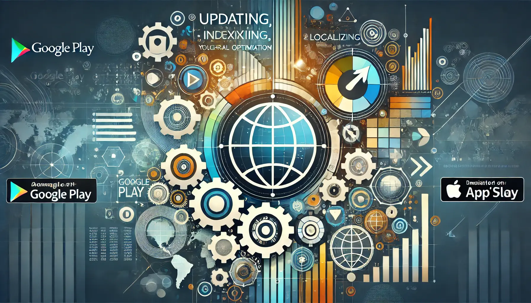 Abstract representation of updating, indexing, and localizing technical optimization for apps.