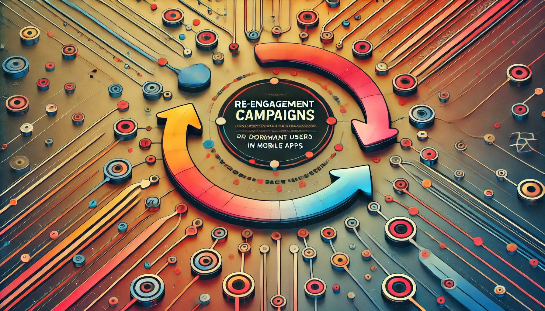 Abstract representation of re-engagement campaigns with circular arrows and reconnecting nodes symbolizing user reactivation.