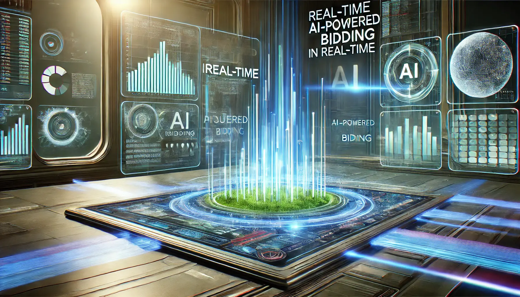 A futuristic digital dashboard showing real-time bid adjustments controlled by AI algorithms, symbolizing speed and precision in AI-driven bidding strategies.