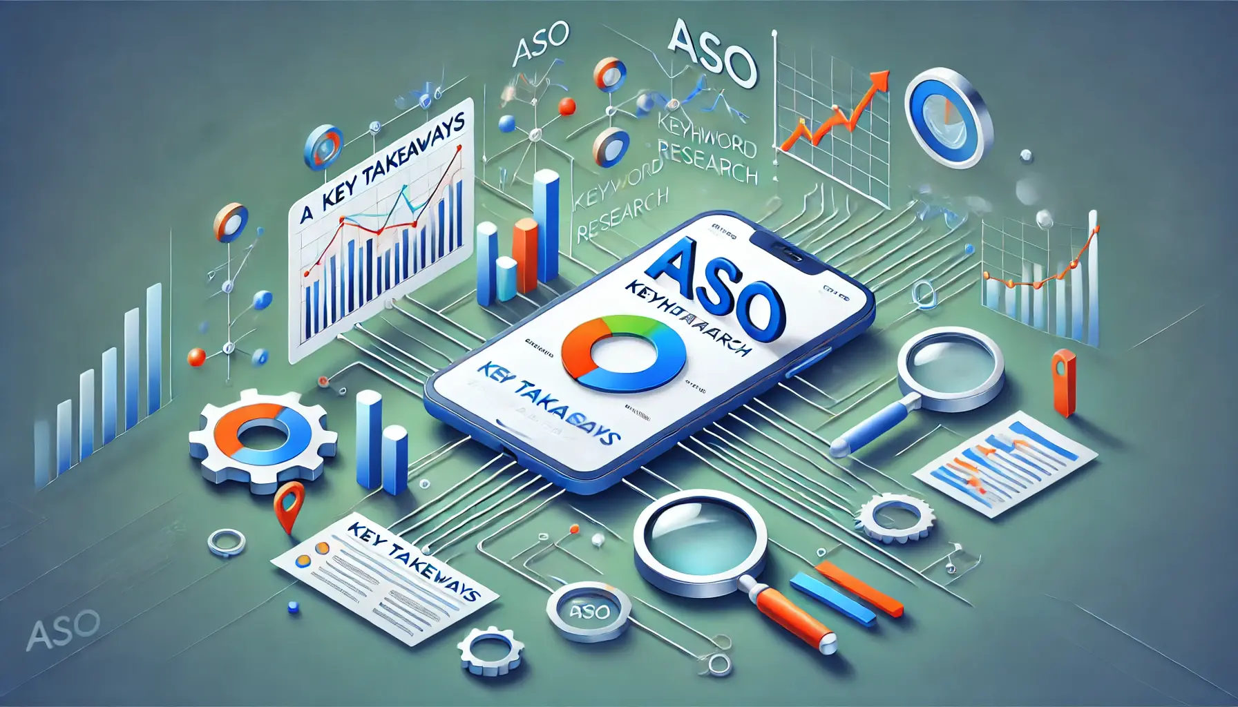 Abstract representation of a recap of key takeaways in ASO keyword research, featuring a mobile device with performance graphs, surrounded by arrows and data flows