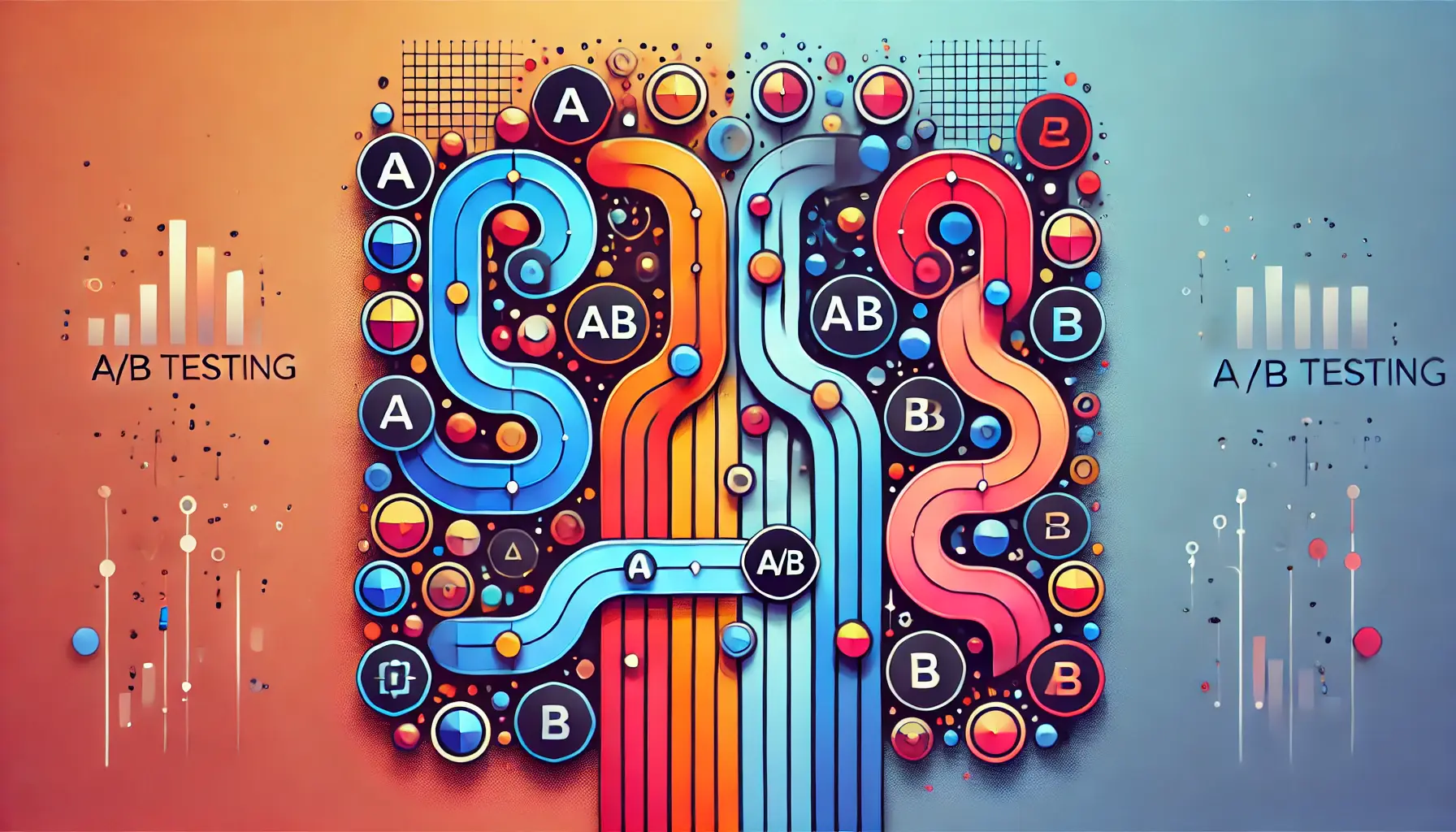 Abstract representation of refining strategies with A/B testing, featuring split paths and contrasting elements symbolizing comparison and experimentation.