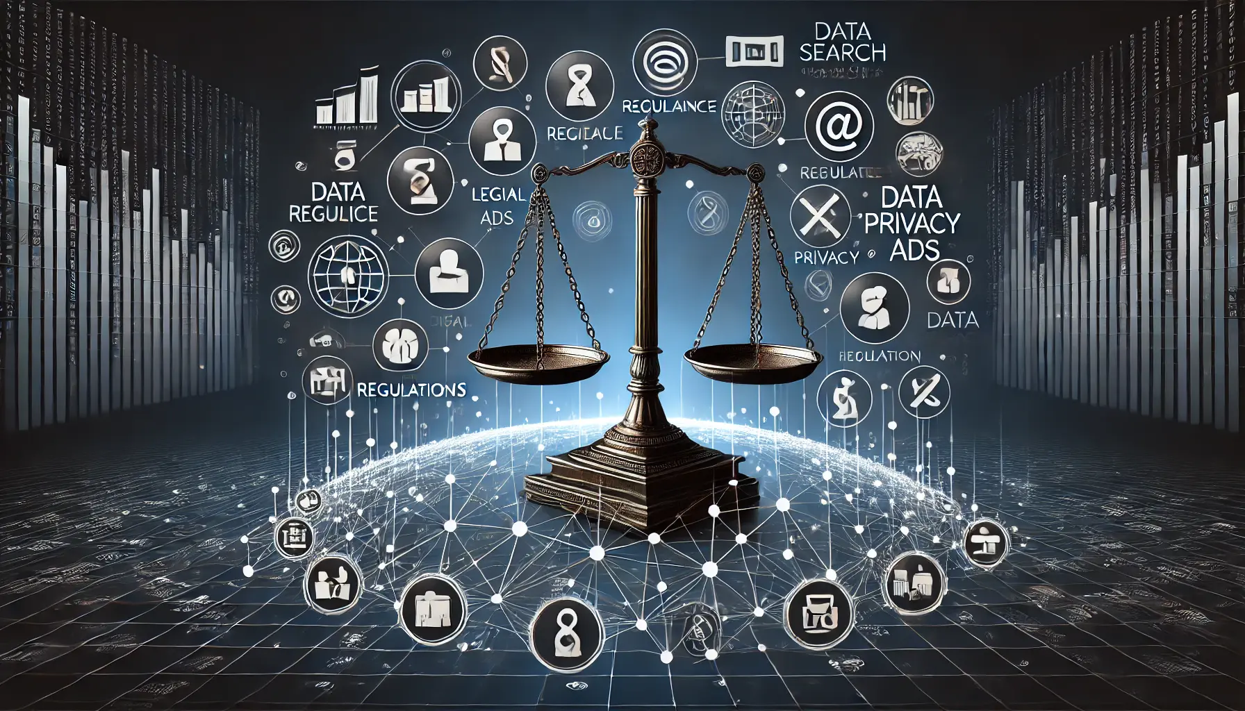 Digital scene depicting the regulatory environment with legal scales, privacy icons, and a connected network symbolizing the influence of regulations on digital advertising.