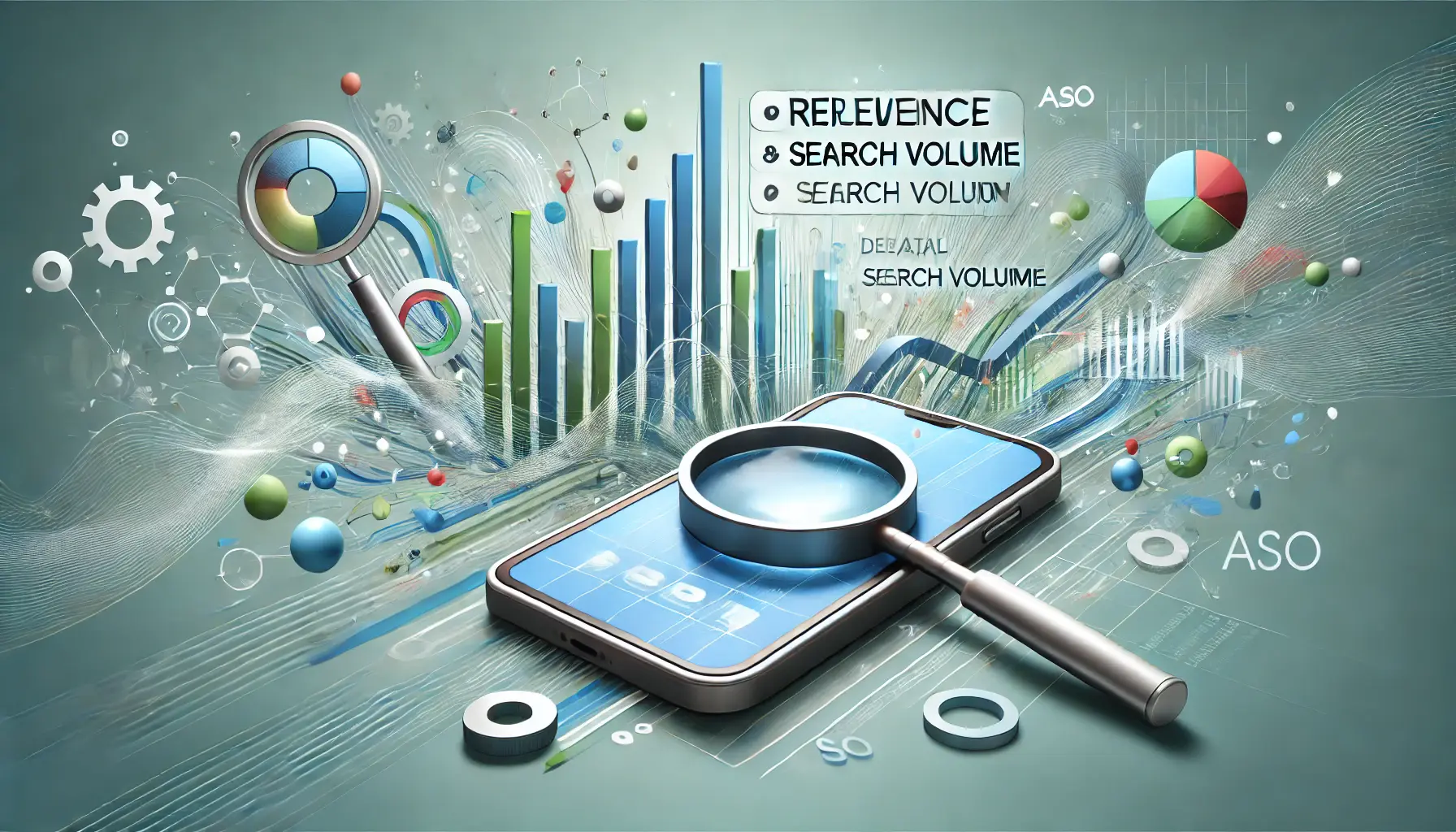 Abstract representation of relevance and search volume research in ASO, featuring a mobile device displaying search results with data graphs and volume indicators