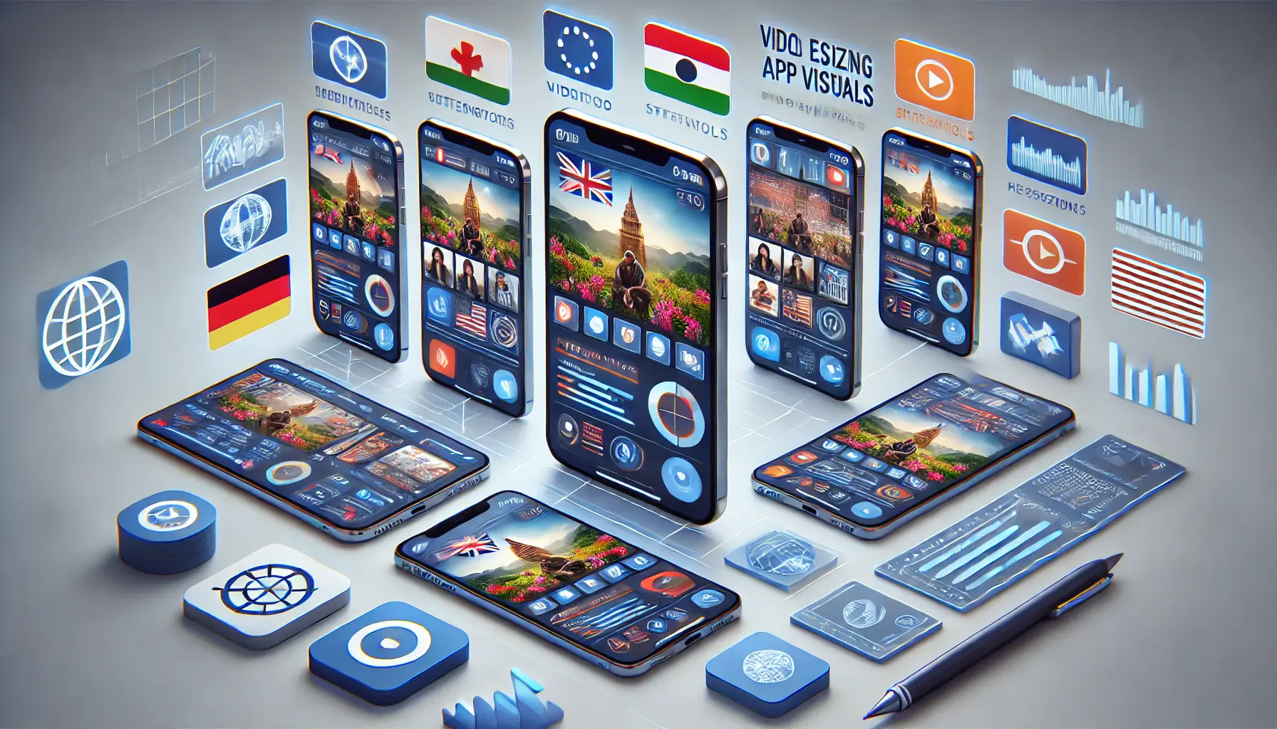 Multiple smartphones showing app screenshots and video previews tailored to different cultural contexts, with icons representing resizing and editing tools.