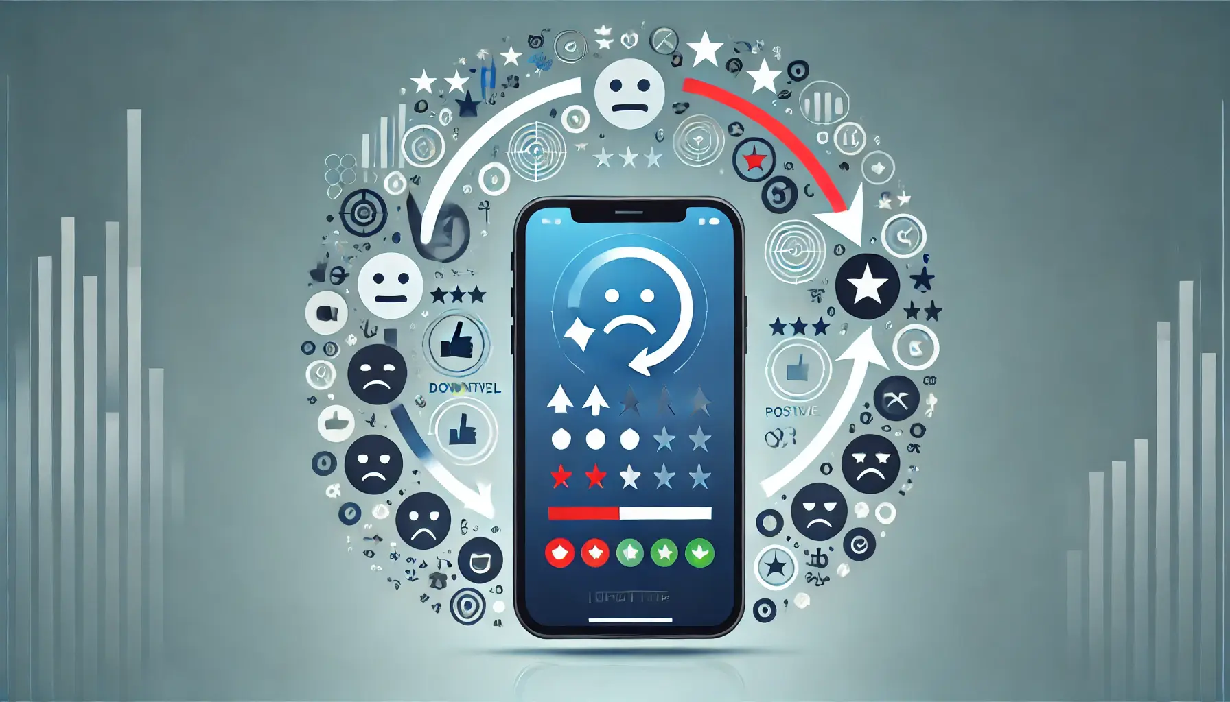 An image of a smartphone with negative feedback icons like downvotes, transitioning to positive outcomes represented by upward arrows and positive ratings, symbolizing effective handling of negative feedback.