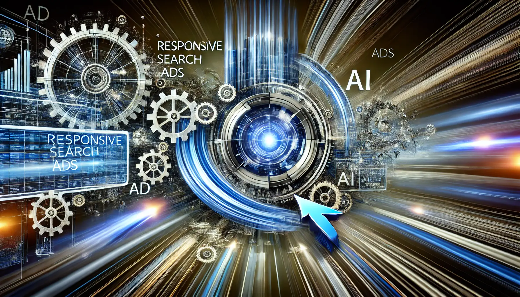 Digital illustration showing the concept of responsive search ads with AI rapidly generating ad variations, gears rotating, and data streams flowing dynamically.