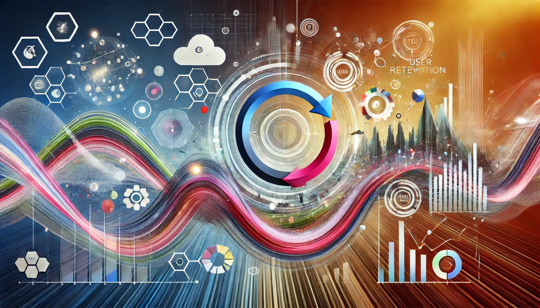 Abstract representation of user retention in mobile apps with dynamic loops and lines suggesting continuous engagement.