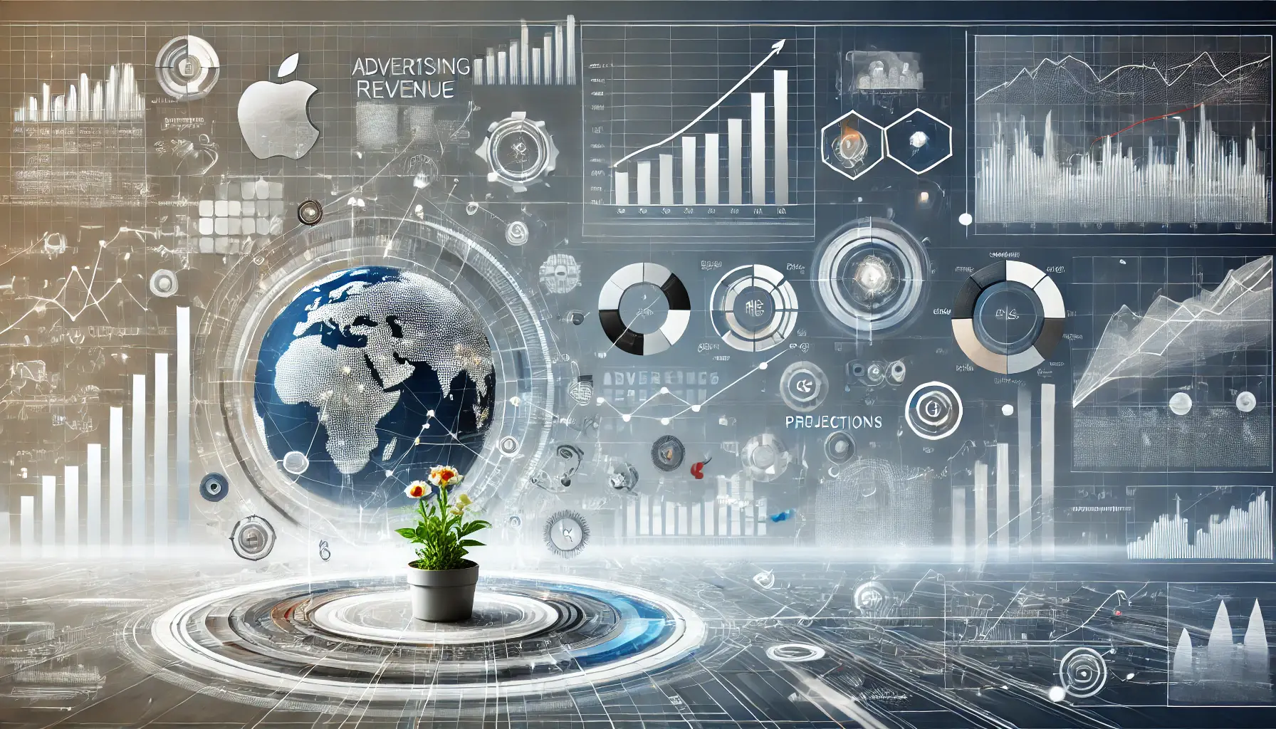 Modern digital landscape illustrating the growth and projections in advertising revenue, with data flow and rising financial charts symbolizing success and innovation.