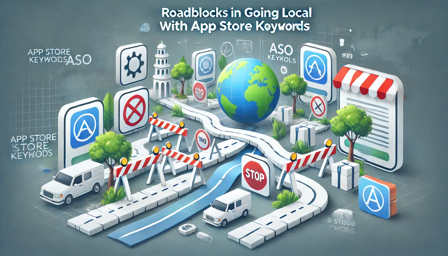 Barriers, roadblocks, and winding paths symbolizing obstacles in the process of localizing app store keywords, with a global aspect.