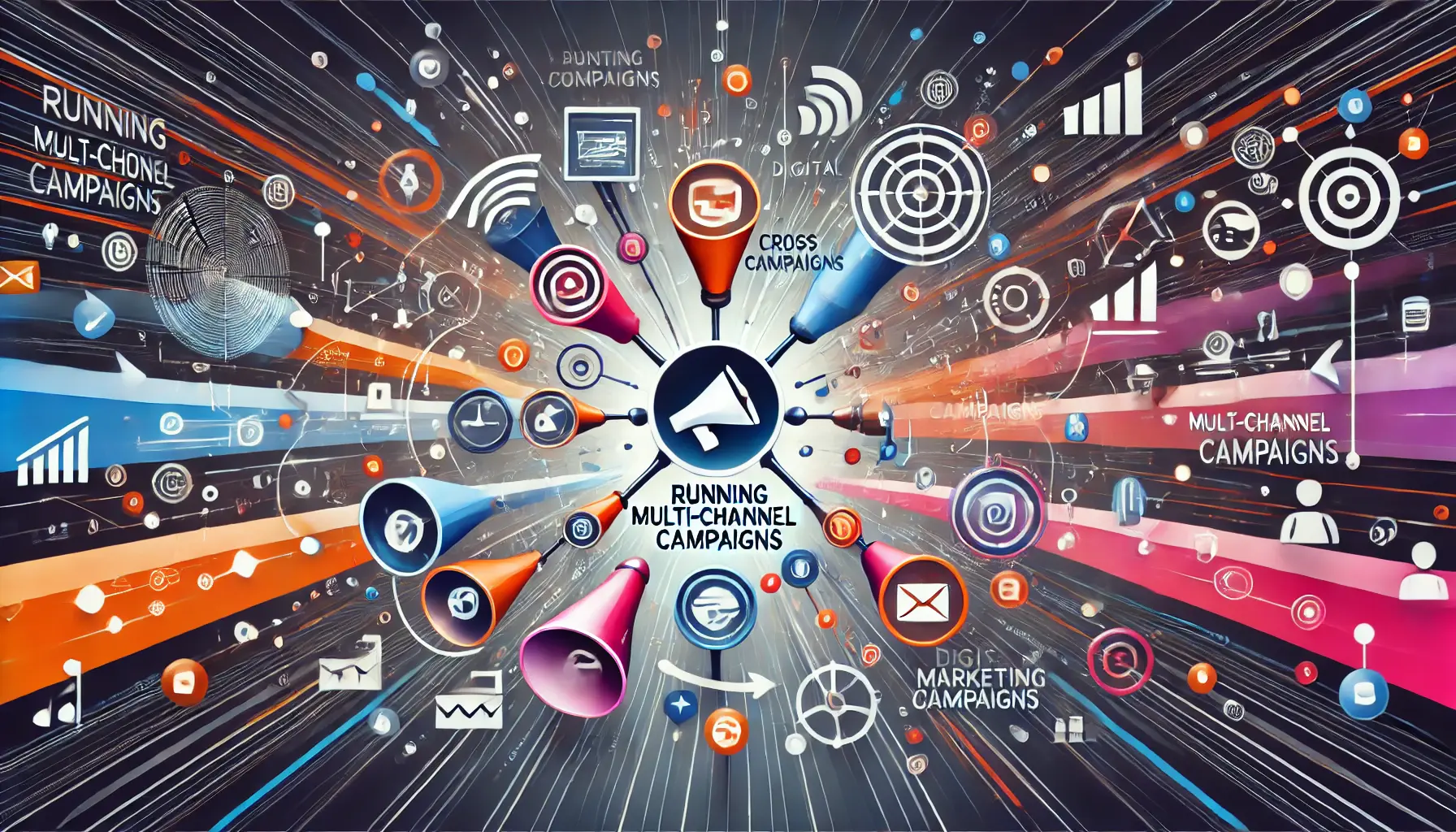 Abstract image representing multi-channel campaigns with connected screens, digital pathways, and unified networks