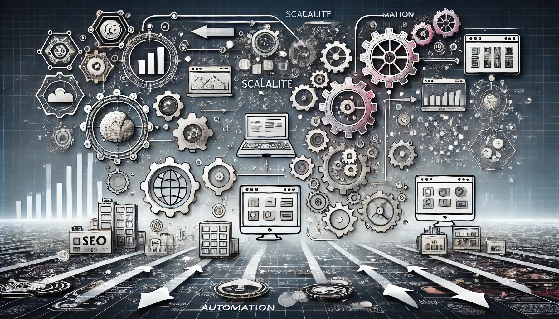 An image showing interconnected gears, multiple website windows, and dashboards symbolizing the scaling of SEO automation across large websites.