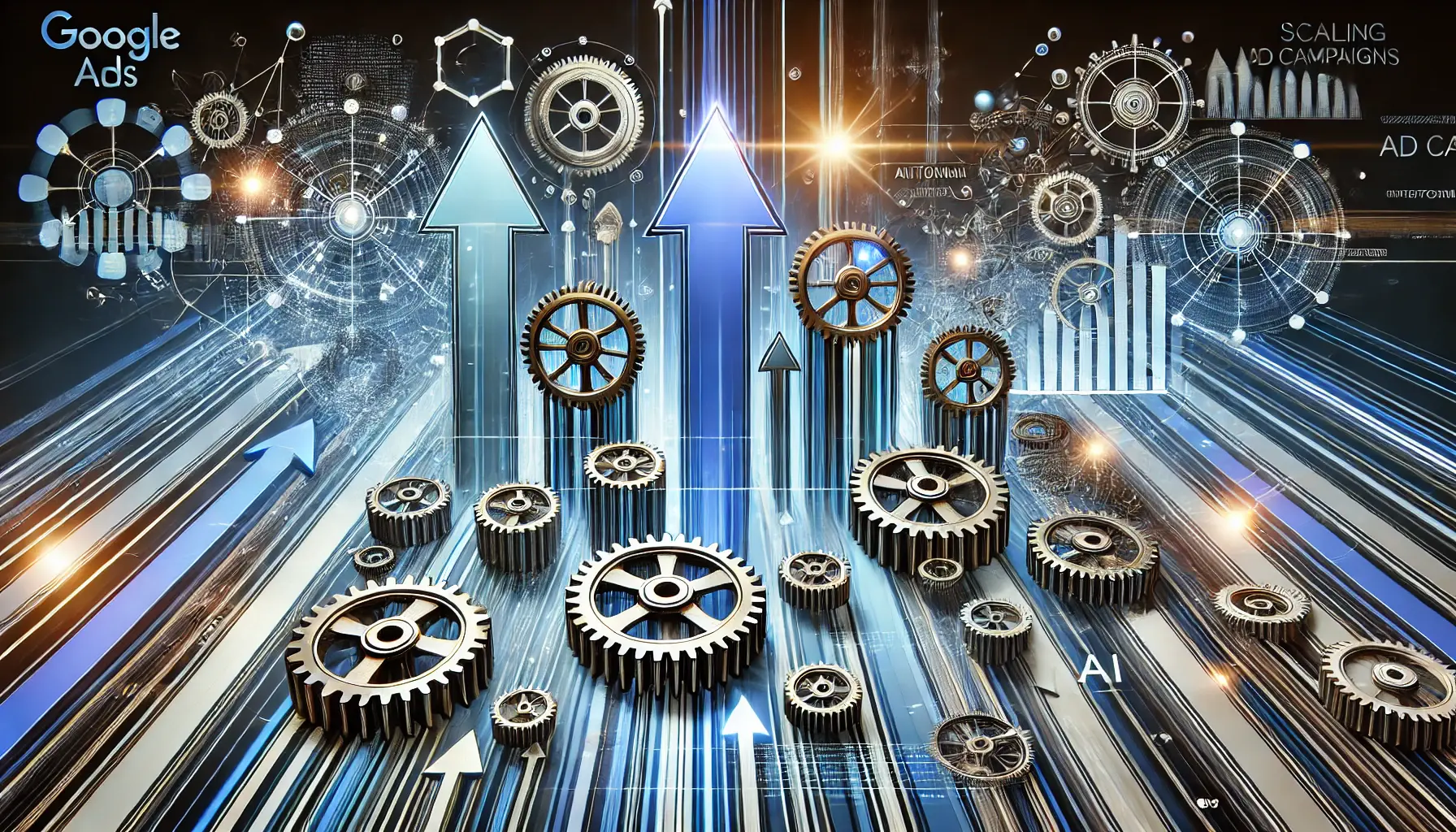 Digital illustration depicting the scaling of ad campaigns using automation, with expanding interconnected gears, data flows, and arrows symbolizing growth and efficiency.