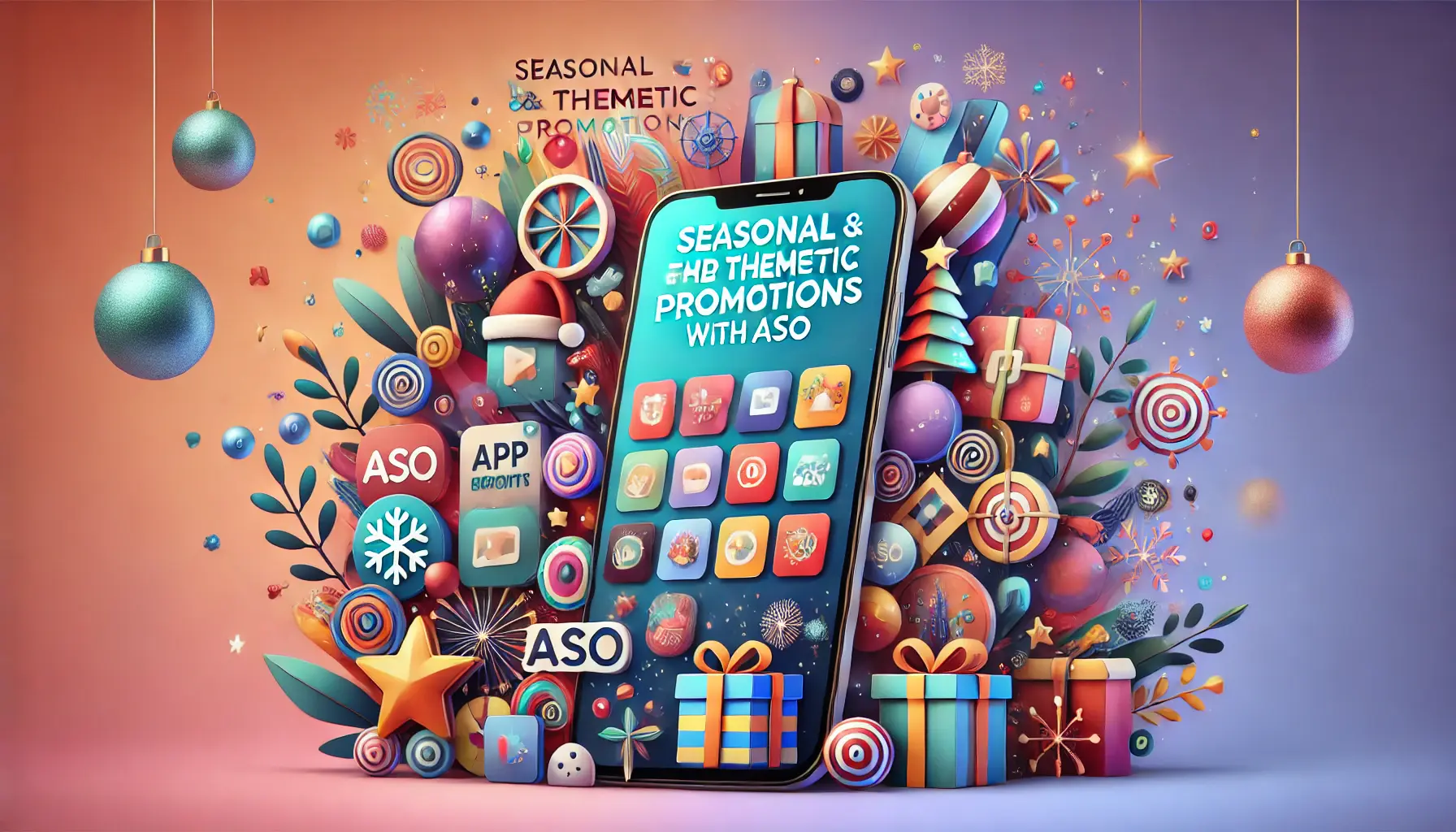 A smartphone displaying seasonal or thematic app promotions with holiday-themed icons and seasonal colors, set against an abstract background evoking the spirit of different seasons.